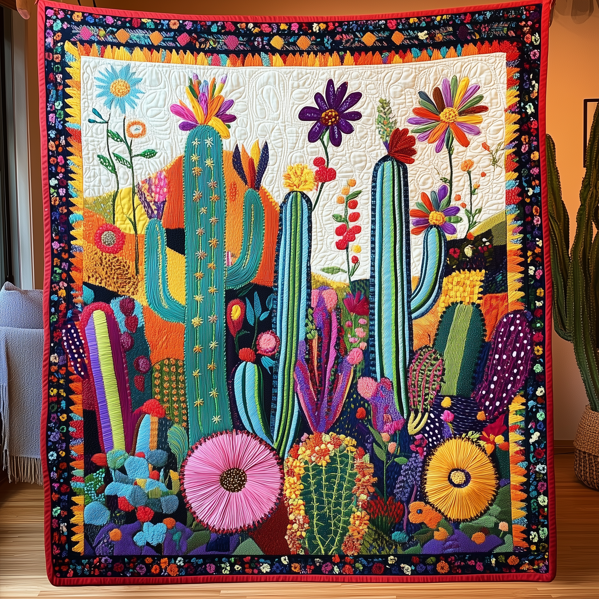 Radiant Blooms and Cacti Quilted Blanket Feel the Elegance of a Blanket That's Truly Yours Radiant Blooms and Cacti Quilted Blanket Feel the Elegance of a Blanket That's Truly Yours
