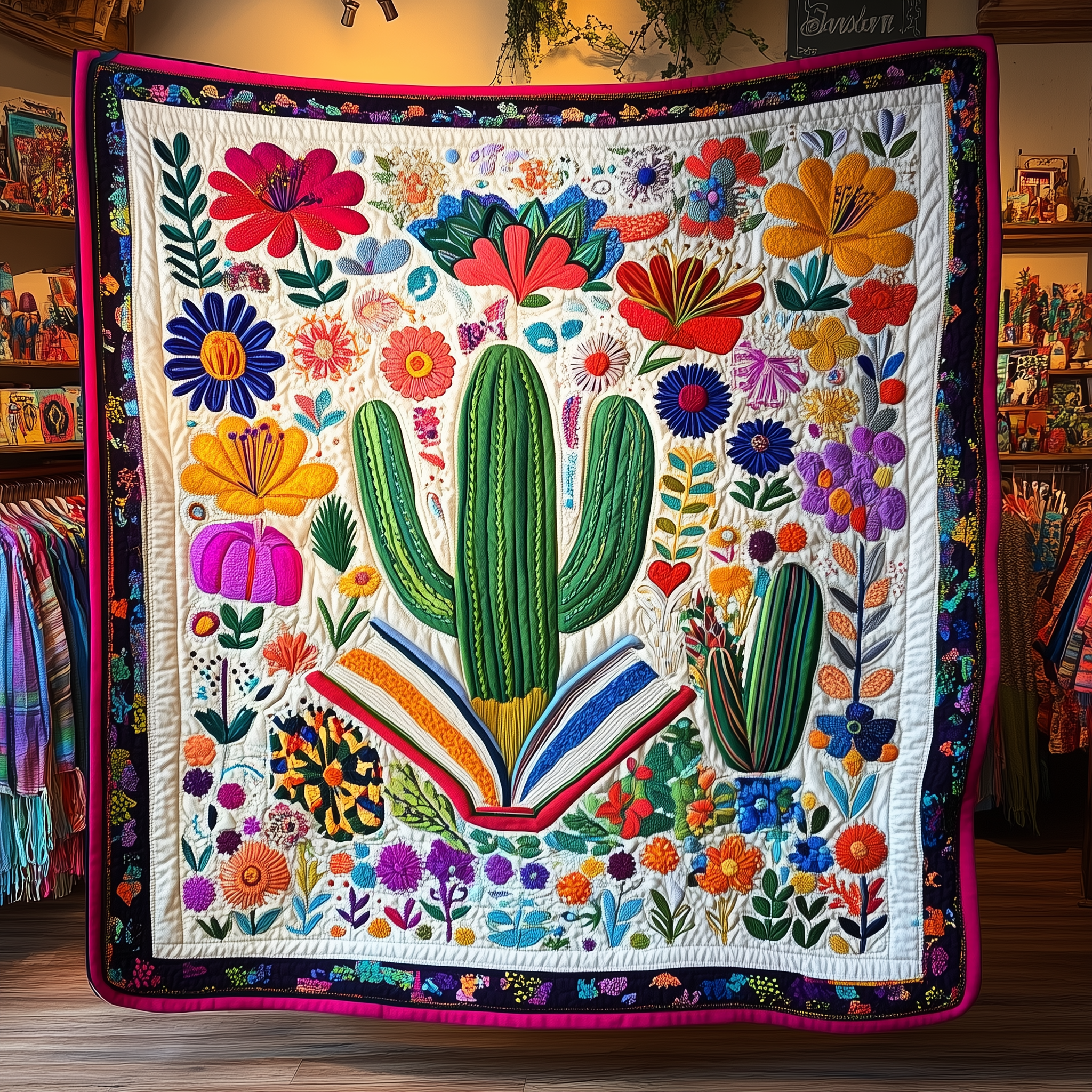Radiant Blooms and Cacti Quilted Blanket Feel the Luxury of a Blanket That Stands Out Radiant Blooms and Cacti Quilted Blanket Feel the Luxury of a Blanket That Stands Out