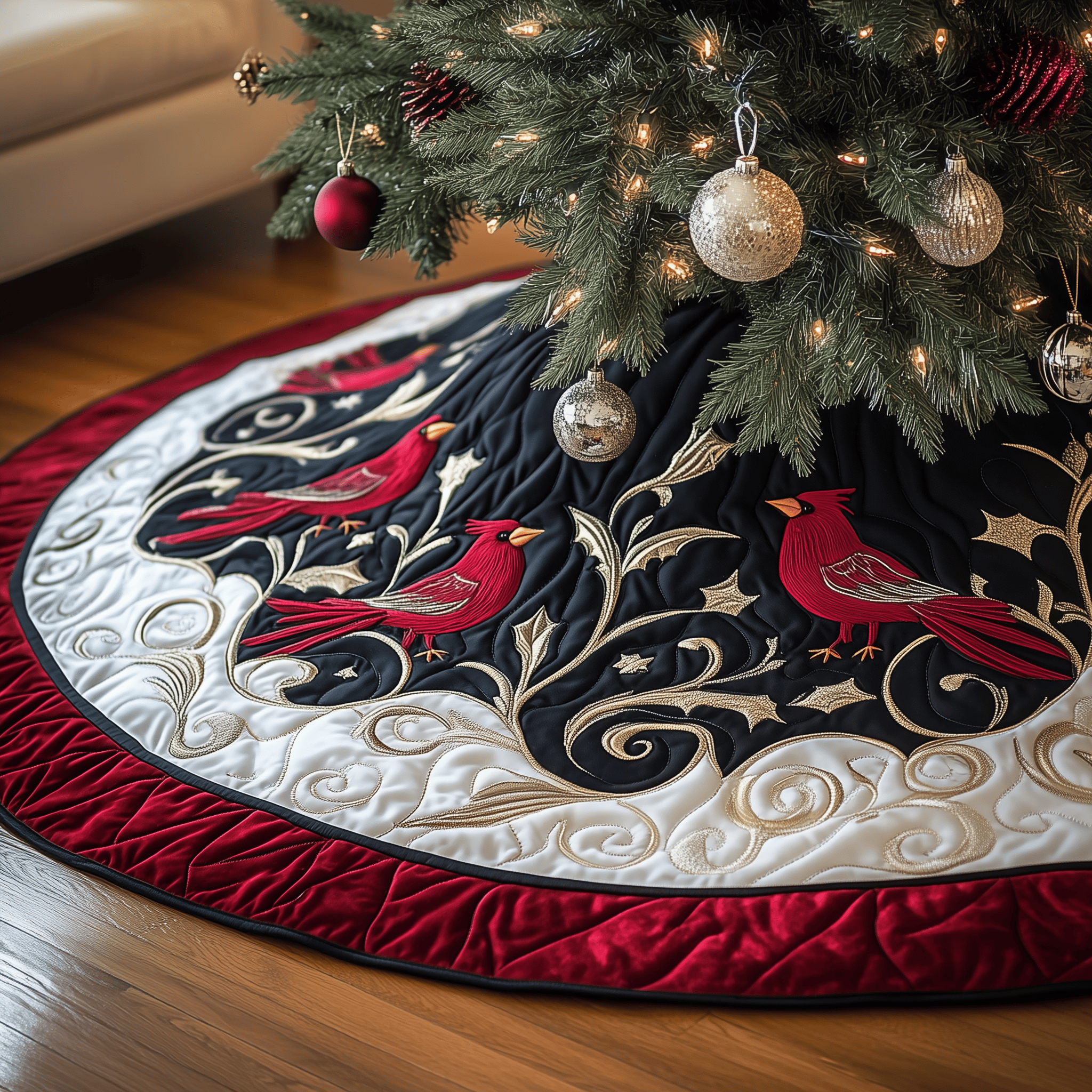 Red Cardinal Quilted Tree Skirt Celebrate Your Family's Traditions with Stylish Protection Red Cardinal Quilted Tree Skirt Celebrate Your Family's Traditions with Stylish Protection