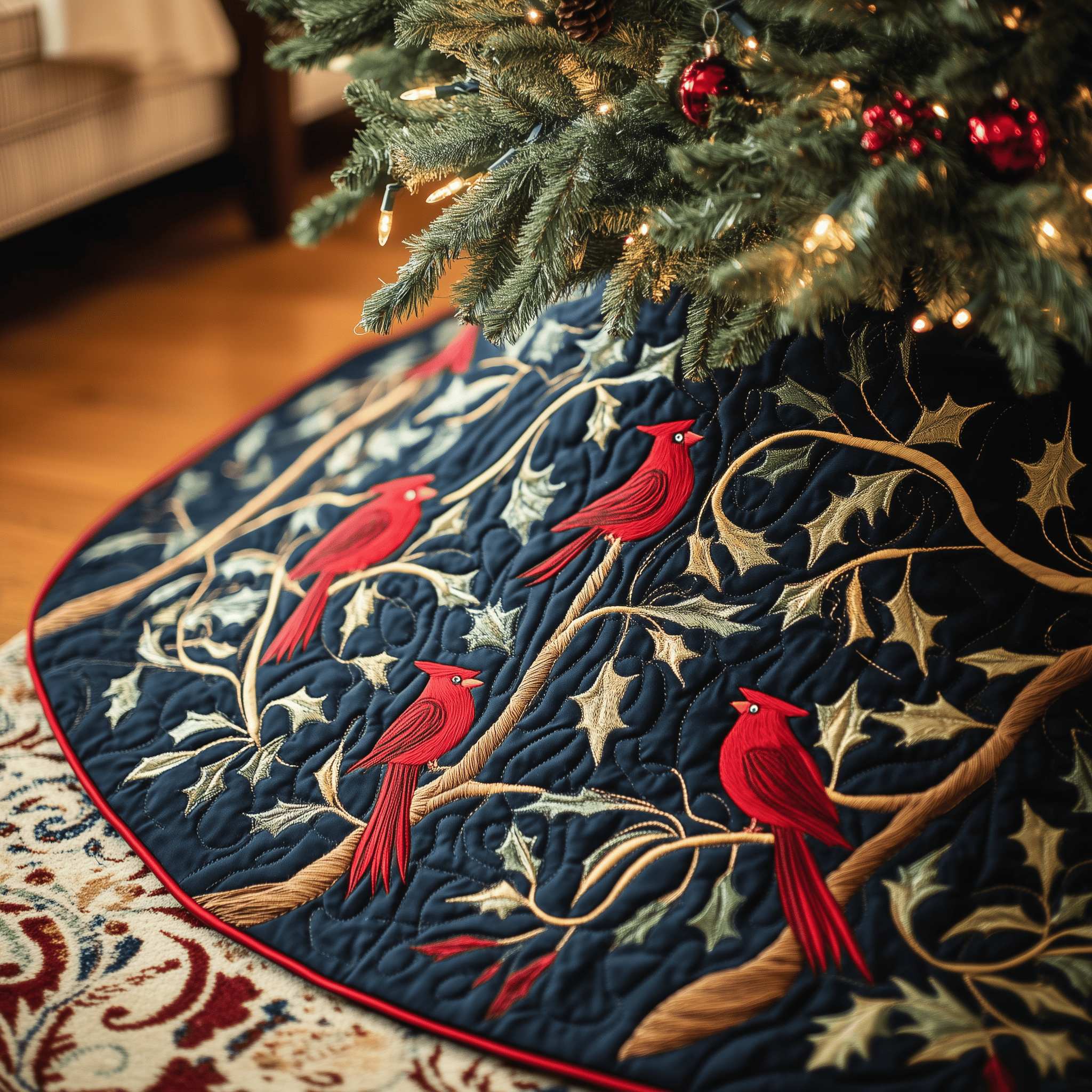 Red Cardinal Quilted Tree Skirt Enjoy Christmas Morning with a Thoughtful Tree Skirt Red Cardinal Quilted Tree Skirt Enjoy Christmas Morning with a Thoughtful Tree Skirt