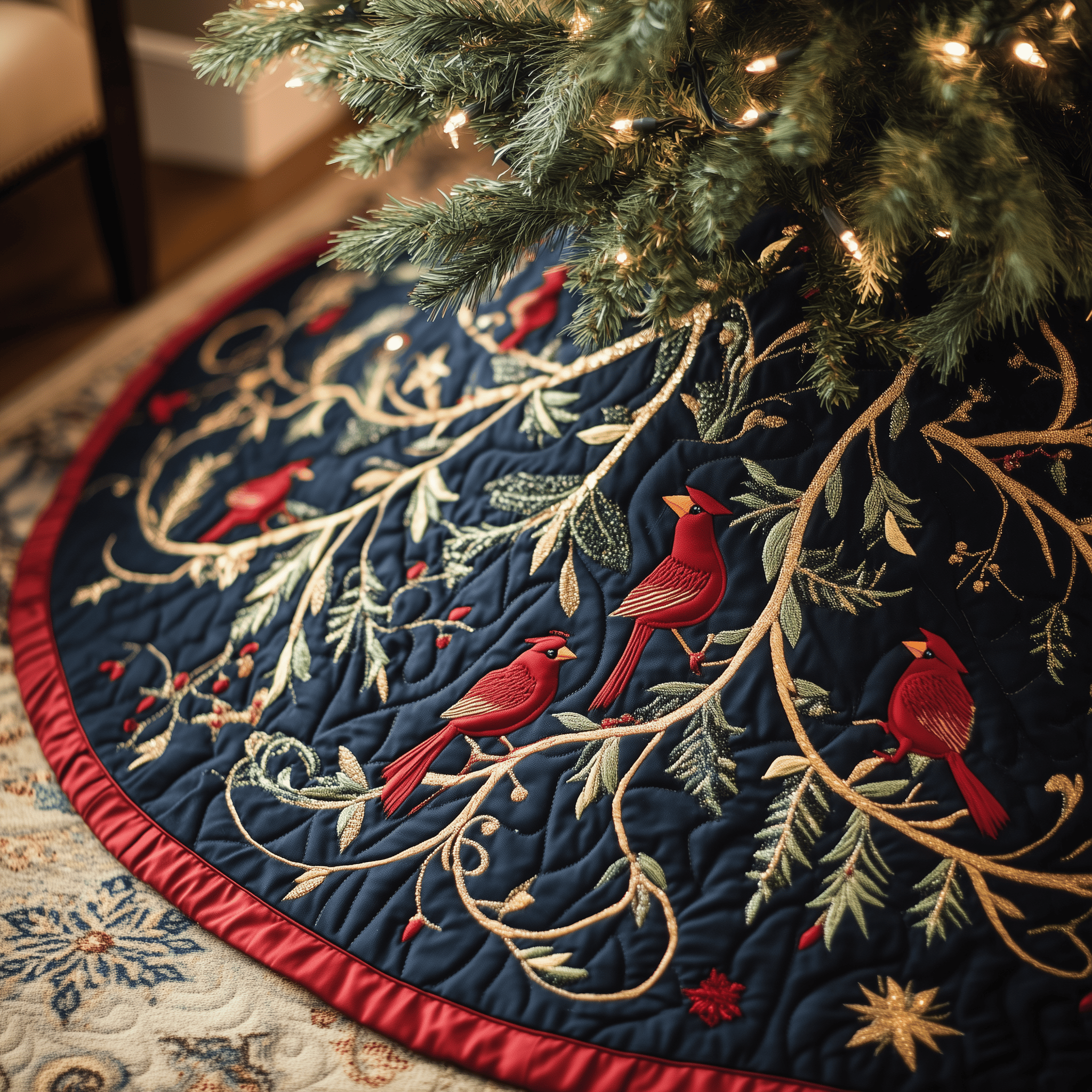Red Cardinal Quilted Tree Skirt Feel the Warmth of the Holidays with a Safe Tree Skirt Red Cardinal Quilted Tree Skirt Feel the Warmth of the Holidays with a Safe Tree Skirt