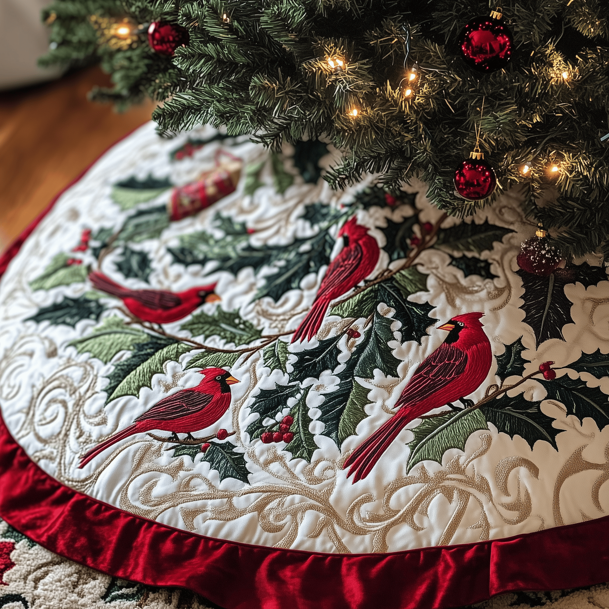Red Cardinal Quilted Tree Skirt Relax and Enjoy the Holidays with Peaceful Tree Decor Red Cardinal Quilted Tree Skirt Relax and Enjoy the Holidays with Peaceful Tree Decor