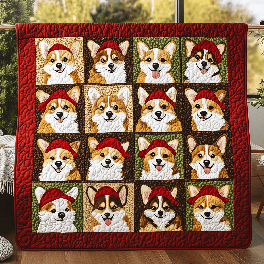 Red Hat Baby Corgi Quilted Blanket Feel the Bond of Home with Our Family-Friendly Blanket Red Hat Baby Corgi Quilted Blanket Feel the Bond of Home with Our Family-Friendly Blanket