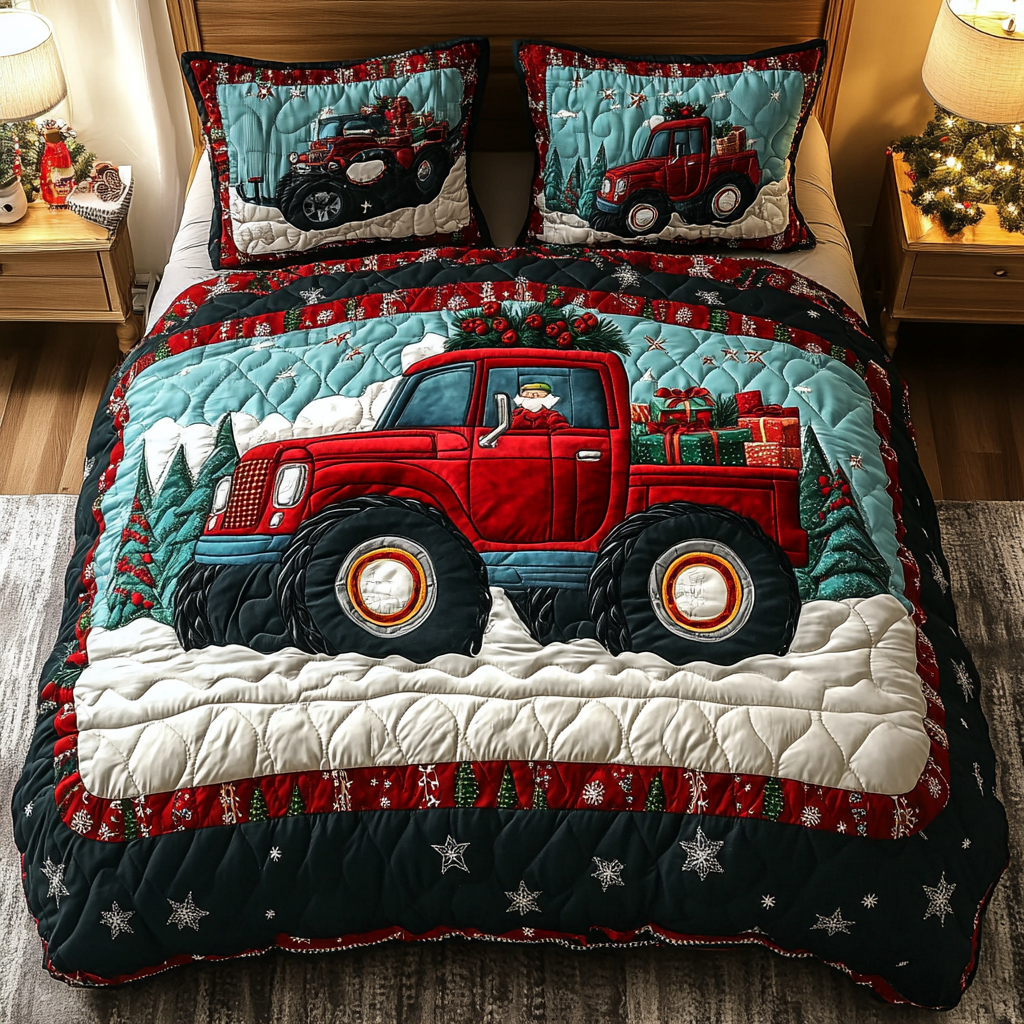 Red Sleigh Truck Quilted Bedding Set Christmas Gift For Girlfriend Red Sleigh Truck Quilted Bedding Set Christmas Gift For Girlfriend