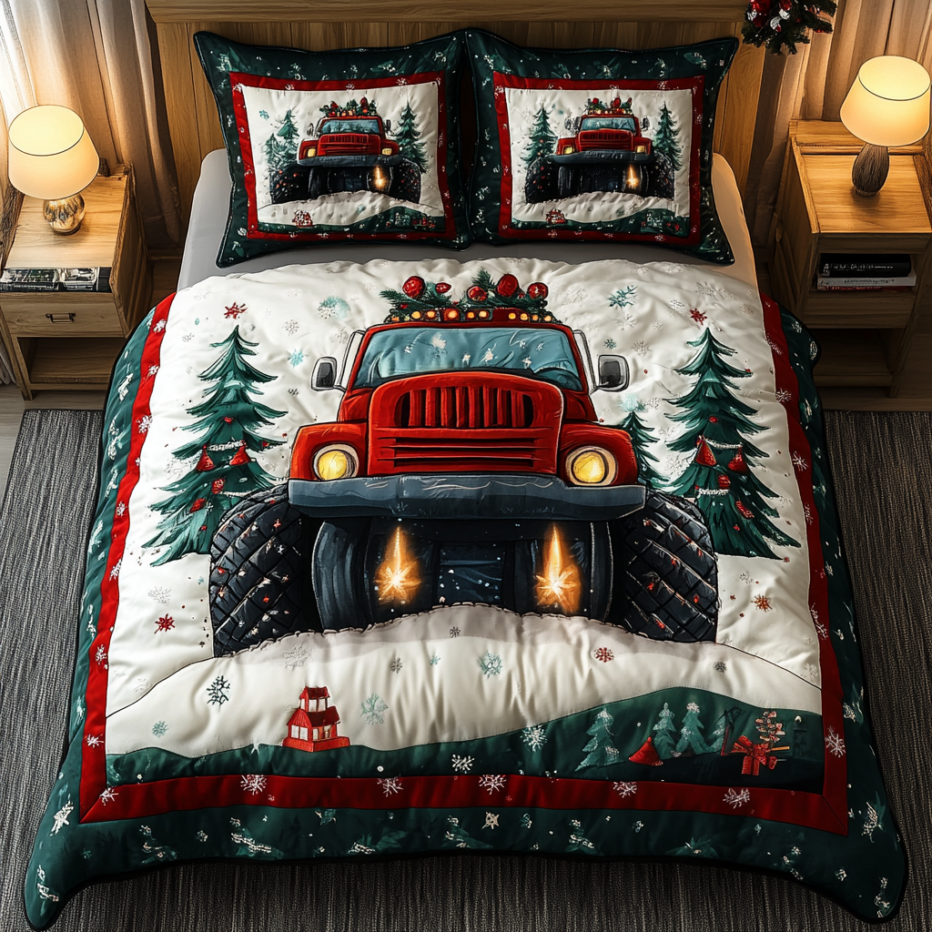 Red Truck Winter Dreams Quilted Bedding Set Christmas Gift For Wife Red Truck Winter Dreams Quilted Bedding Set Christmas Gift For Wife