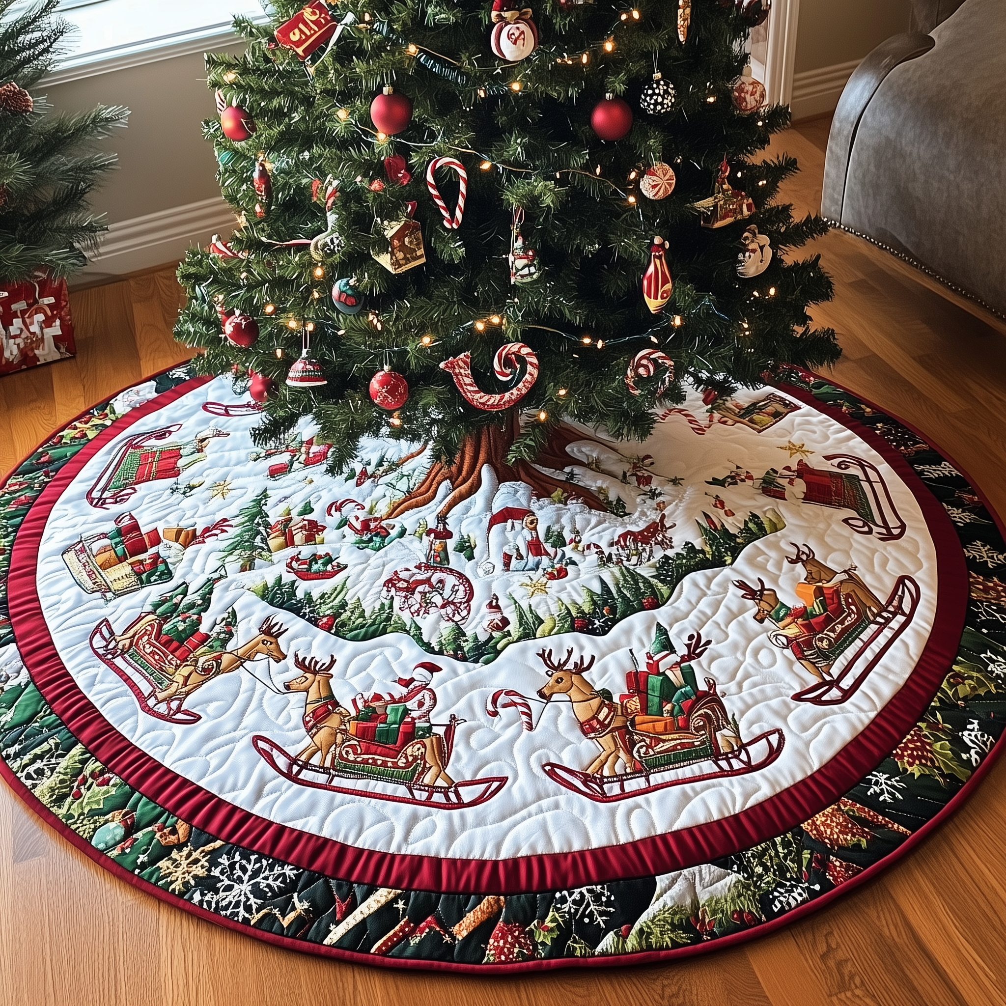 Reindeer Sleds Quilted Tree Skirt Feel the Magic of the Holidays Without Worry Reindeer Sleds Quilted Tree Skirt Feel the Magic of the Holidays Without Worry