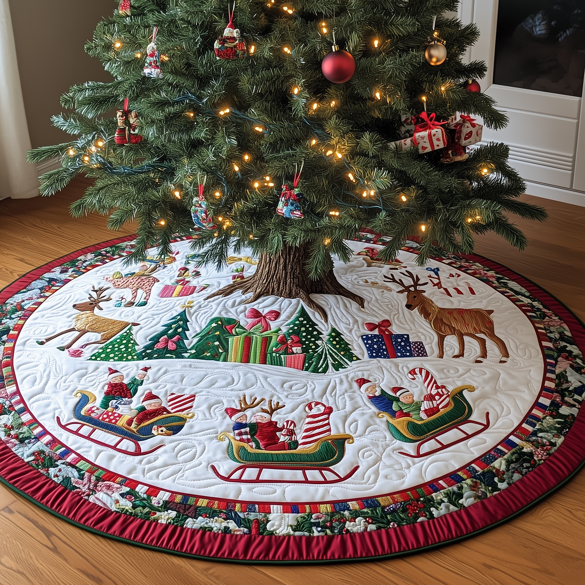 Reindeer Sleds Quilted Tree Skirt Wrap Your Holidays in Comfort with the Right Tree Skirt Reindeer Sleds Quilted Tree Skirt Wrap Your Holidays in Comfort with the Right Tree Skirt