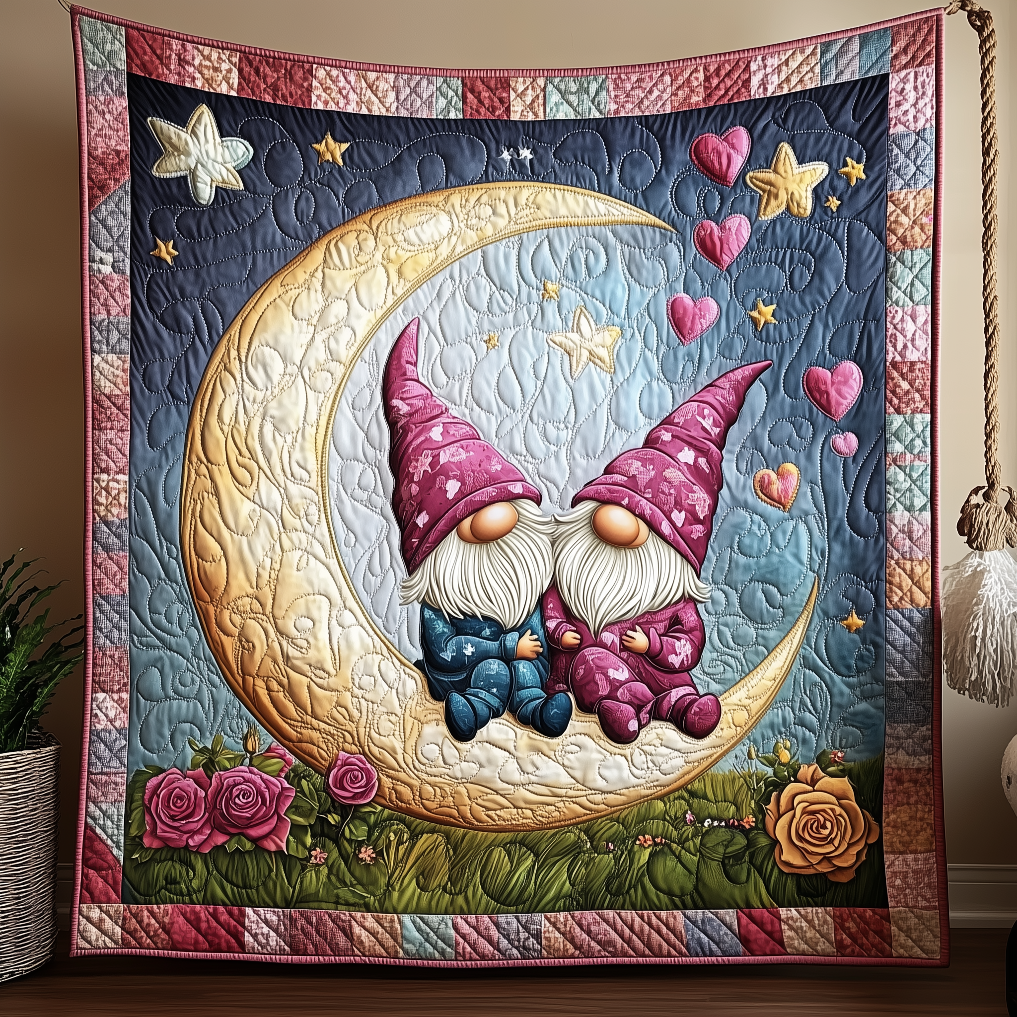 Romantic Moonlight Gnomes Quilted Blanket Best Throw Blanket Good Valentine'S Gifts For Her Romantic Moonlight Gnomes Quilted Blanket Best Throw Blanket Good Valentine'S Gifts For Her