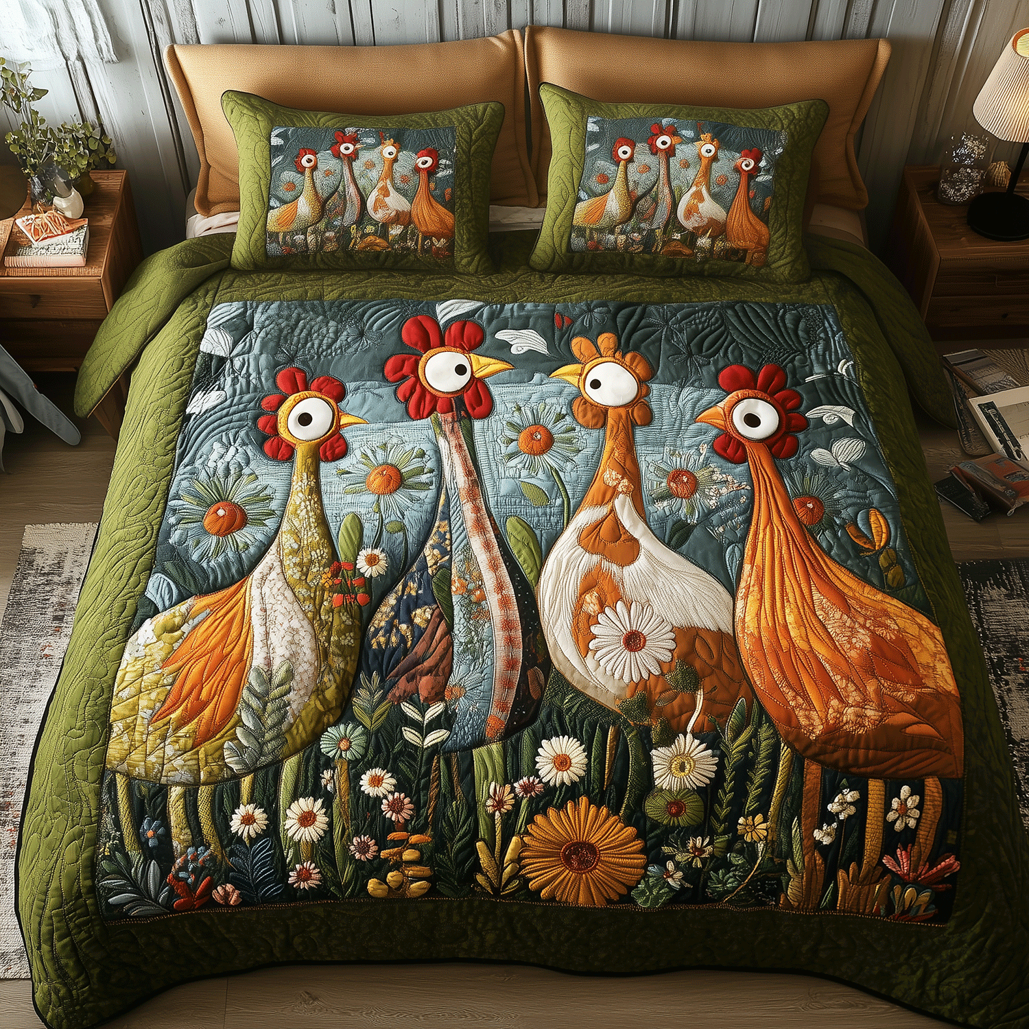 Rooster Garden Retreat Quilted Bedding Set Chicken Christmas Gifts Rooster Garden Retreat Quilted Bedding Set Chicken Christmas Gifts