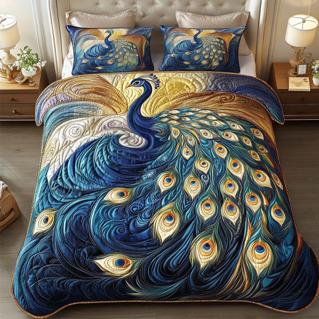 Royal Blue Radiance Quilted Bedding Set Gift For Peacock Lover Royal Blue Radiance Quilted Bedding Set Gift For Peacock Lover