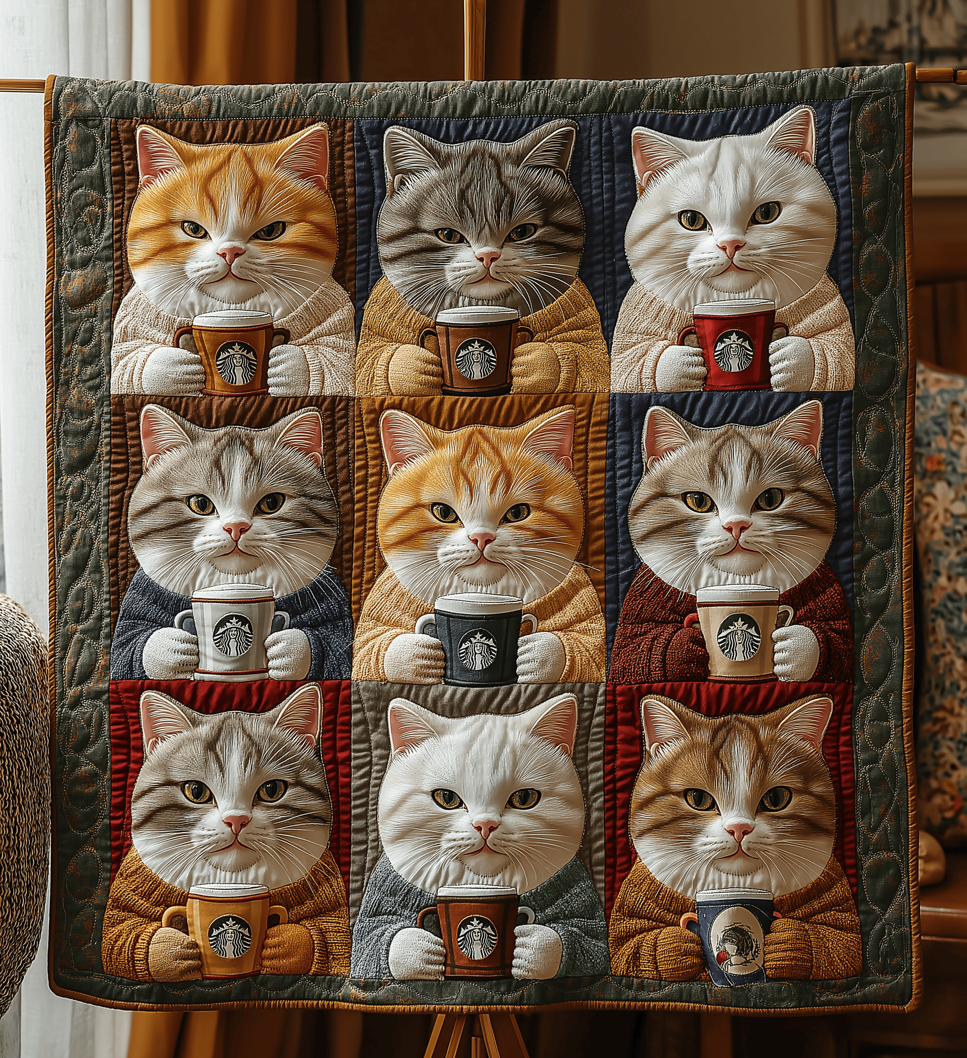 Royal Cats Drinking Coffee Quilted Blanket Enjoy Tailored Comfort with Our Exclusive Blanket Royal Cats Drinking Coffee Quilted Blanket Enjoy Tailored Comfort with Our Exclusive Blanket