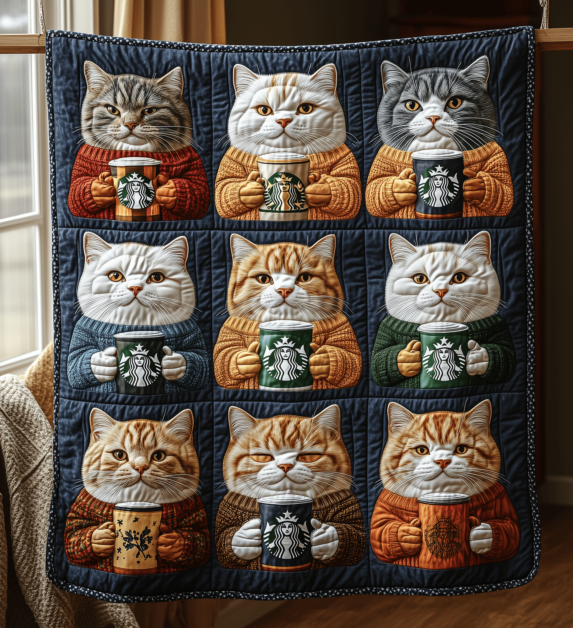 Royal Cats Drinking Coffee Quilted Blanket Feel the Bond of Home with Our Family-Friendly Blanket Royal Cats Drinking Coffee Quilted Blanket Feel the Bond of Home with Our Family-Friendly Blanket