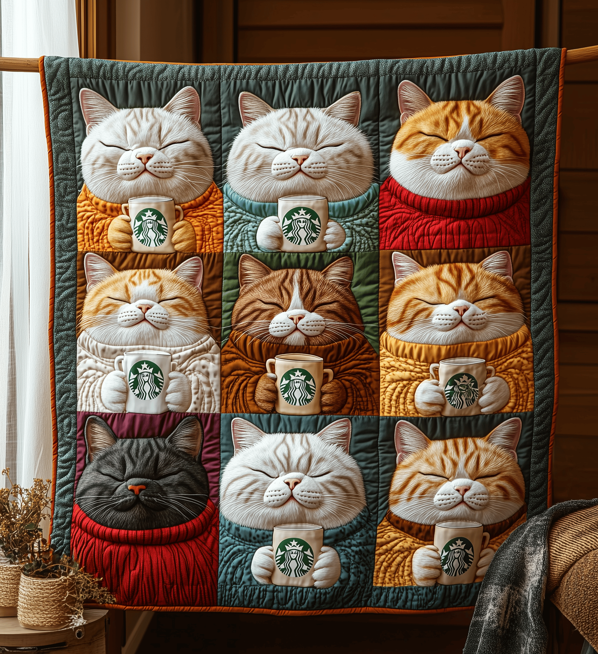 Royal Cats Drinking Coffee Quilted Blanket Feel the Luxury of a Blanket That Stands Out Royal Cats Drinking Coffee Quilted Blanket Feel the Luxury of a Blanket That Stands Out