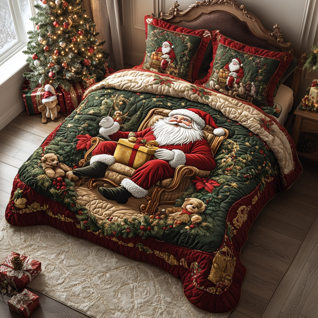 Santa Moment Quilted Bedding Set Family Xmas Presents Santa Moment Quilted Bedding Set Family Xmas Presents