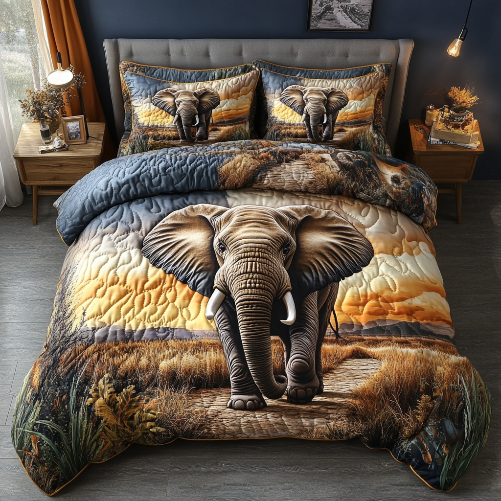Savannah Stroll Quilted Bedding Set Gift For Elephant Lover Savannah Stroll Quilted Bedding Set Gift For Elephant Lover