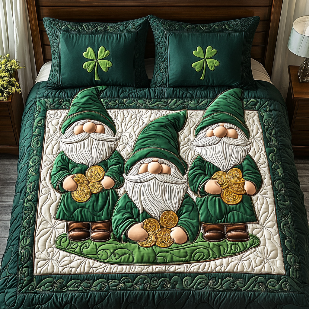 Shamrock Gnome Bliss Quilted Bedding Set Cute Gnome Gifts Shamrock Gnome Bliss Quilted Bedding Set Cute Gnome Gifts