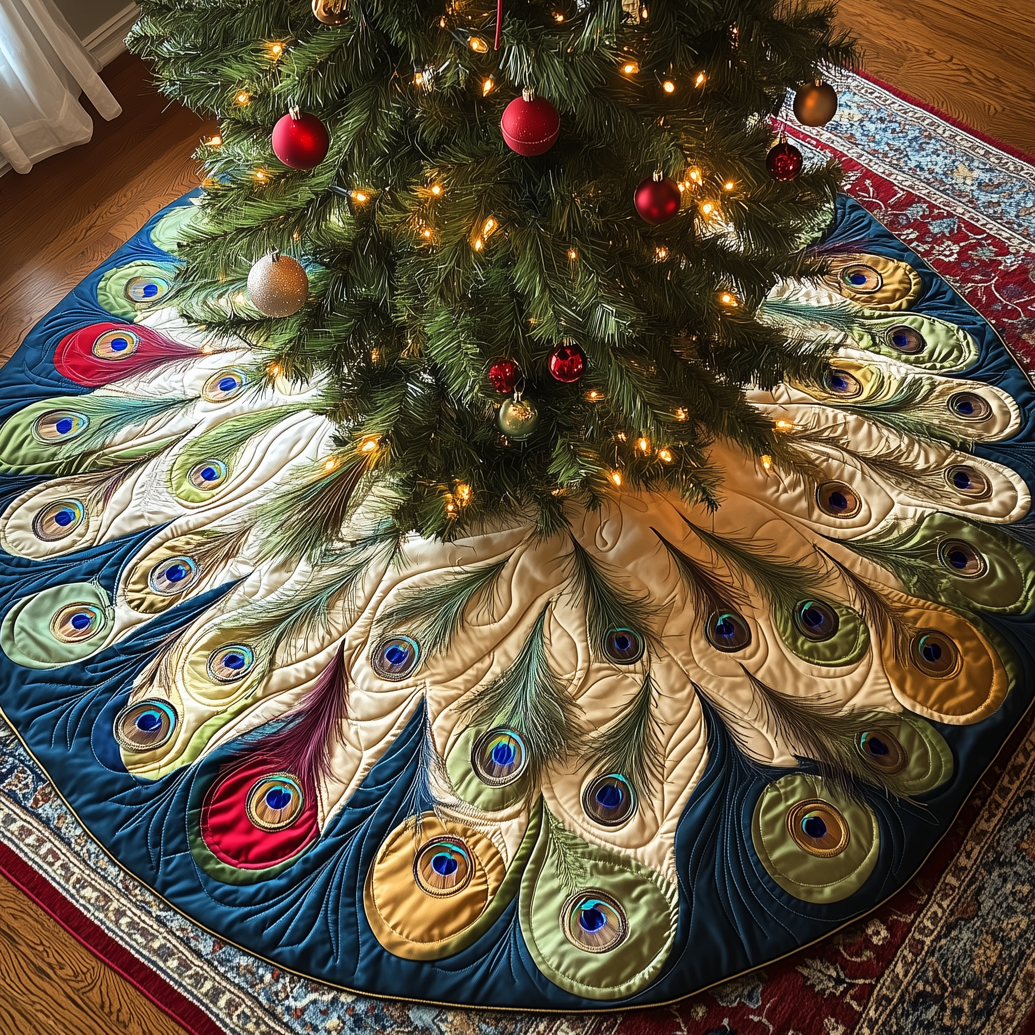 Shimmering Peacock Quilted Tree Skirt Celebrate the Holidays in Style and Safety Shimmering Peacock Quilted Tree Skirt Celebrate the Holidays in Style and Safety