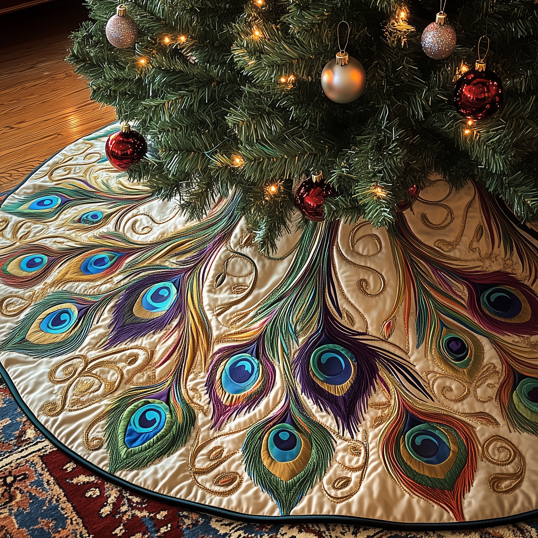 Shimmering Peacock Quilted Tree Skirt Celebrate Traditions with a Safe and Elegant Tree Skirt Shimmering Peacock Quilted Tree Skirt Celebrate Traditions with a Safe and Elegant Tree Skirt