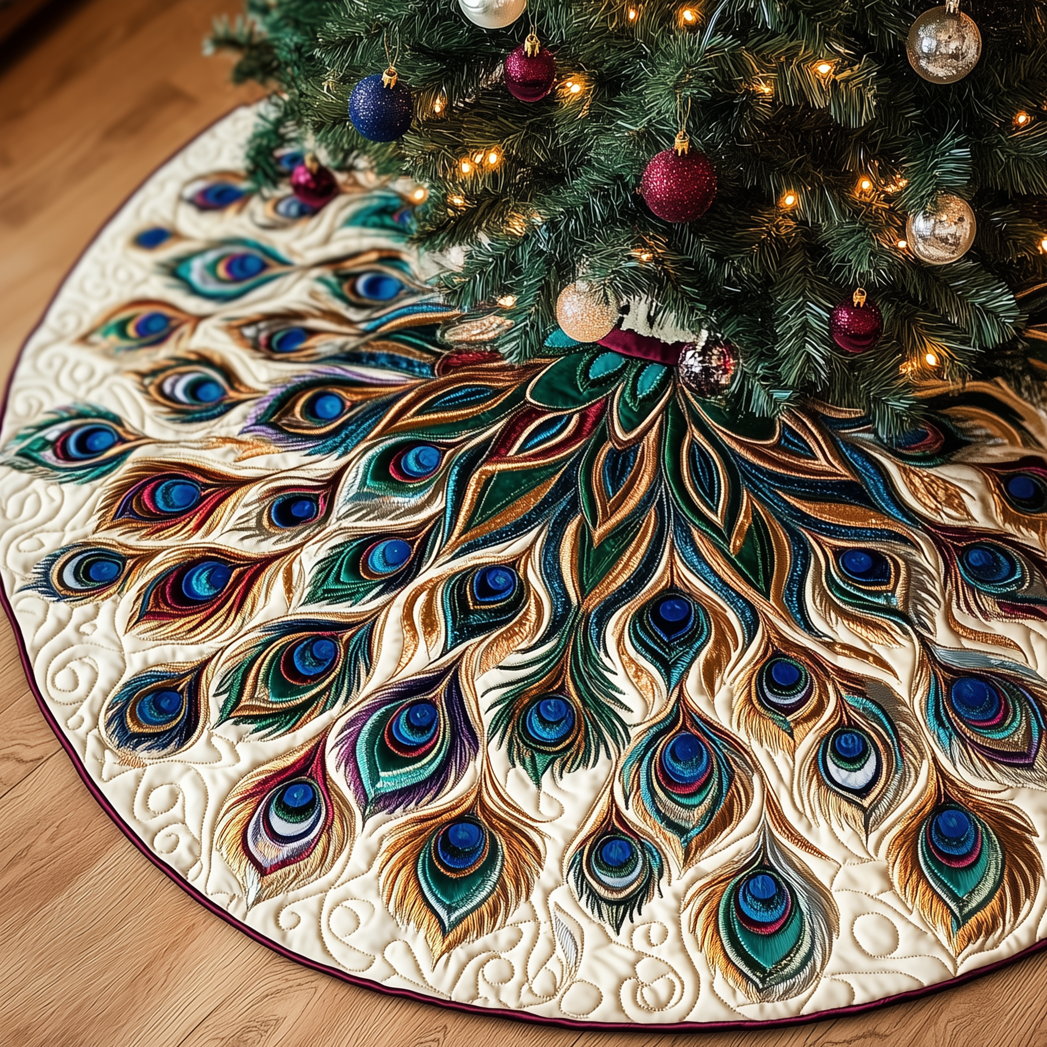 Shimmering Peacock Quilted Tree Skirt Feel Joy and Comfort with a Thoughtful Holiday Addition Shimmering Peacock Quilted Tree Skirt Feel Joy and Comfort with a Thoughtful Holiday Addition