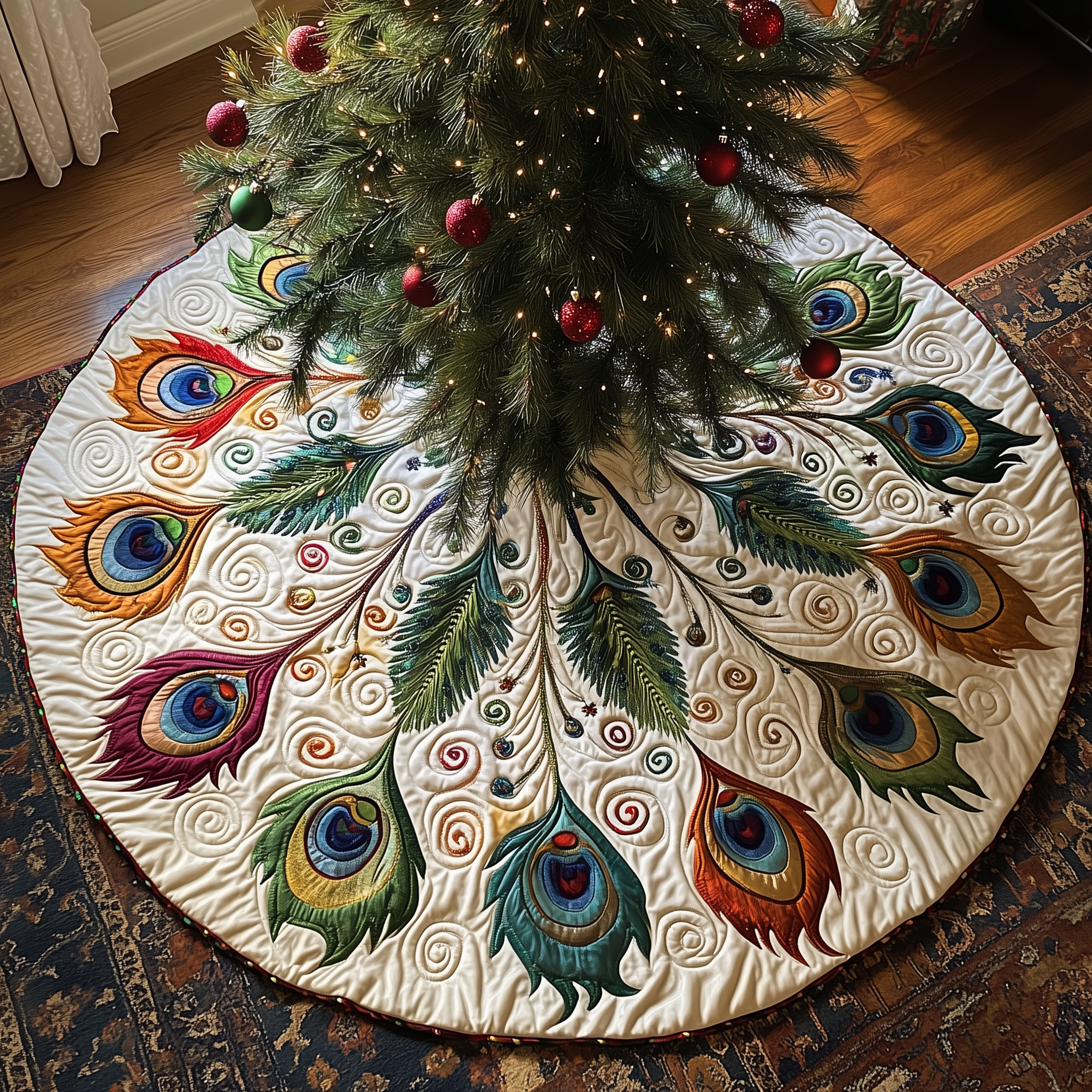 Shimmering Peacock Quilted Tree Skirt Feel the Holidays Begin with a Safe and Stunning Tree Skirt Shimmering Peacock Quilted Tree Skirt Feel the Holidays Begin with a Safe and Stunning Tree Skirt