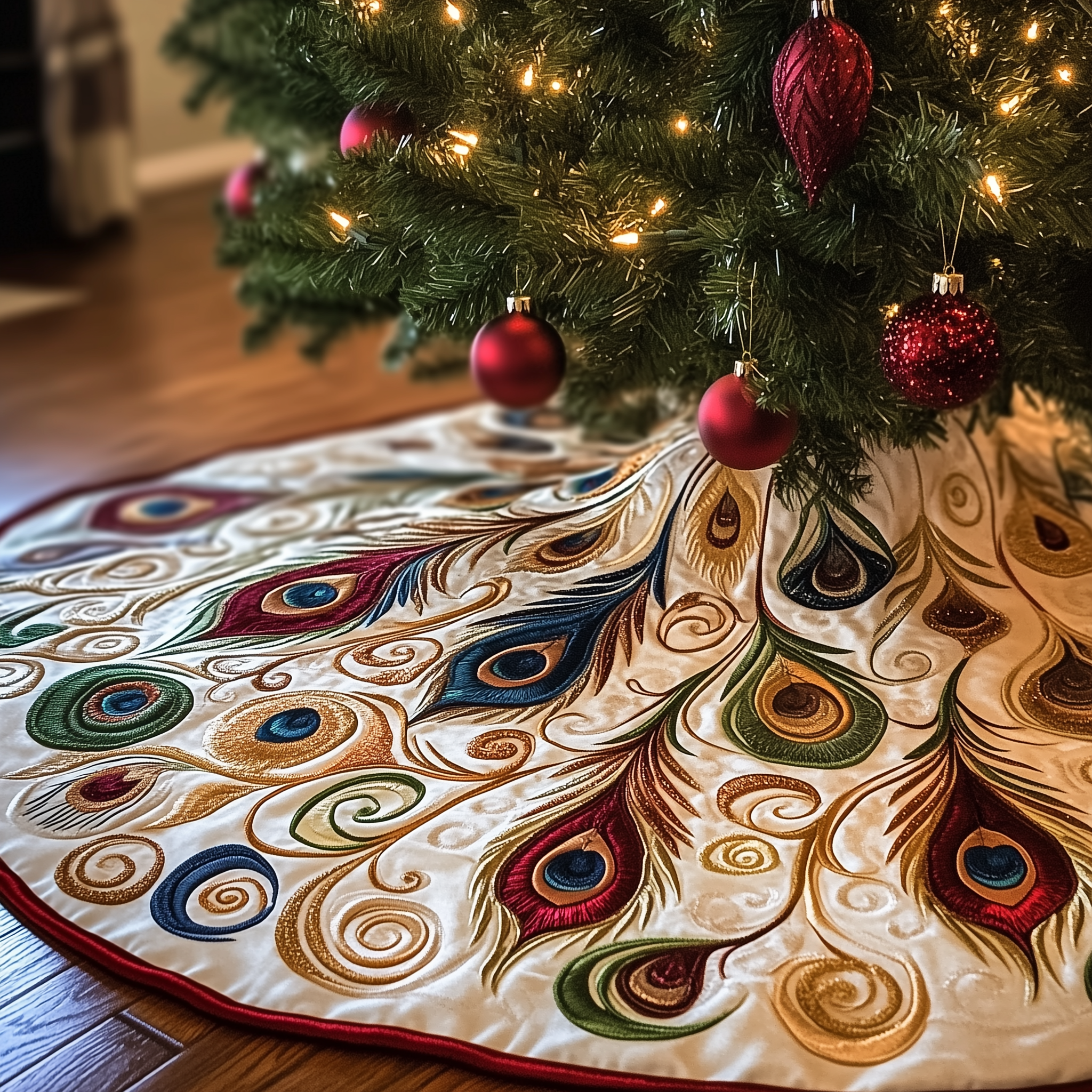 Shimmering Peacock Quilted Tree Skirt Feel Your Home Glow with a Beautiful Tree Skirt Shimmering Peacock Quilted Tree Skirt Feel Your Home Glow with a Beautiful Tree Skirt