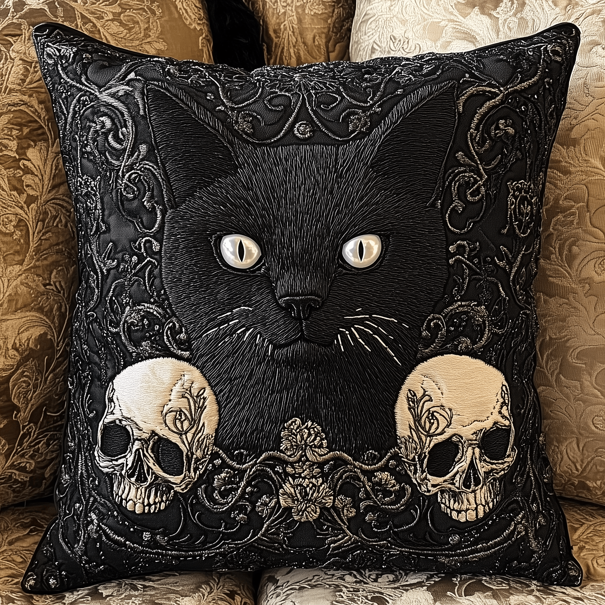 Skull And Black Cat Quilted Pillow Case Feel Luxury in Every Stitch Skull And Black Cat Quilted Pillow Case Feel Luxury in Every Stitch