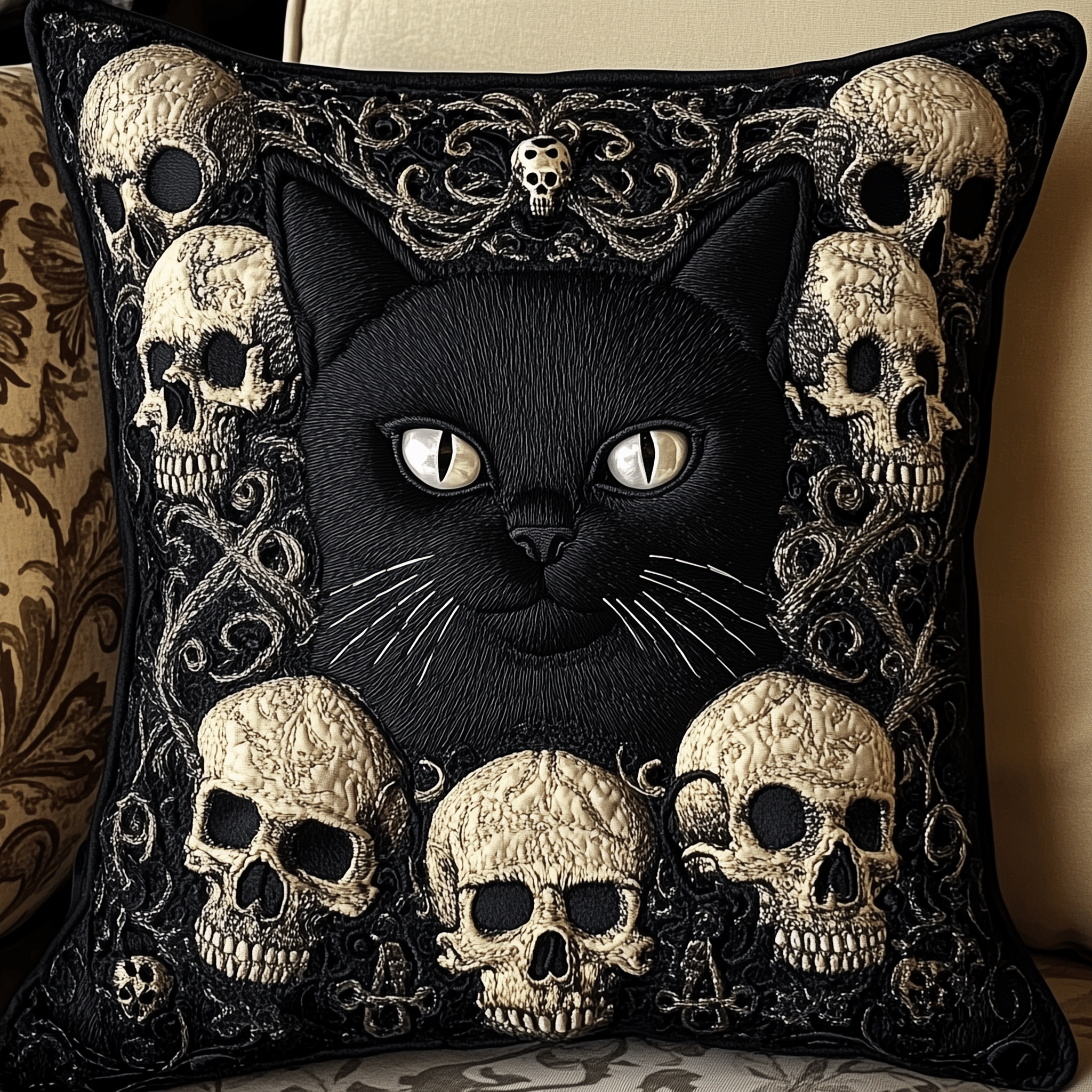 Skull And Black Cat Quilted Pillow Case Protect Your Pillow Enhance Your Sleep Skull And Black Cat Quilted Pillow Case Protect Your Pillow Enhance Your Sleep