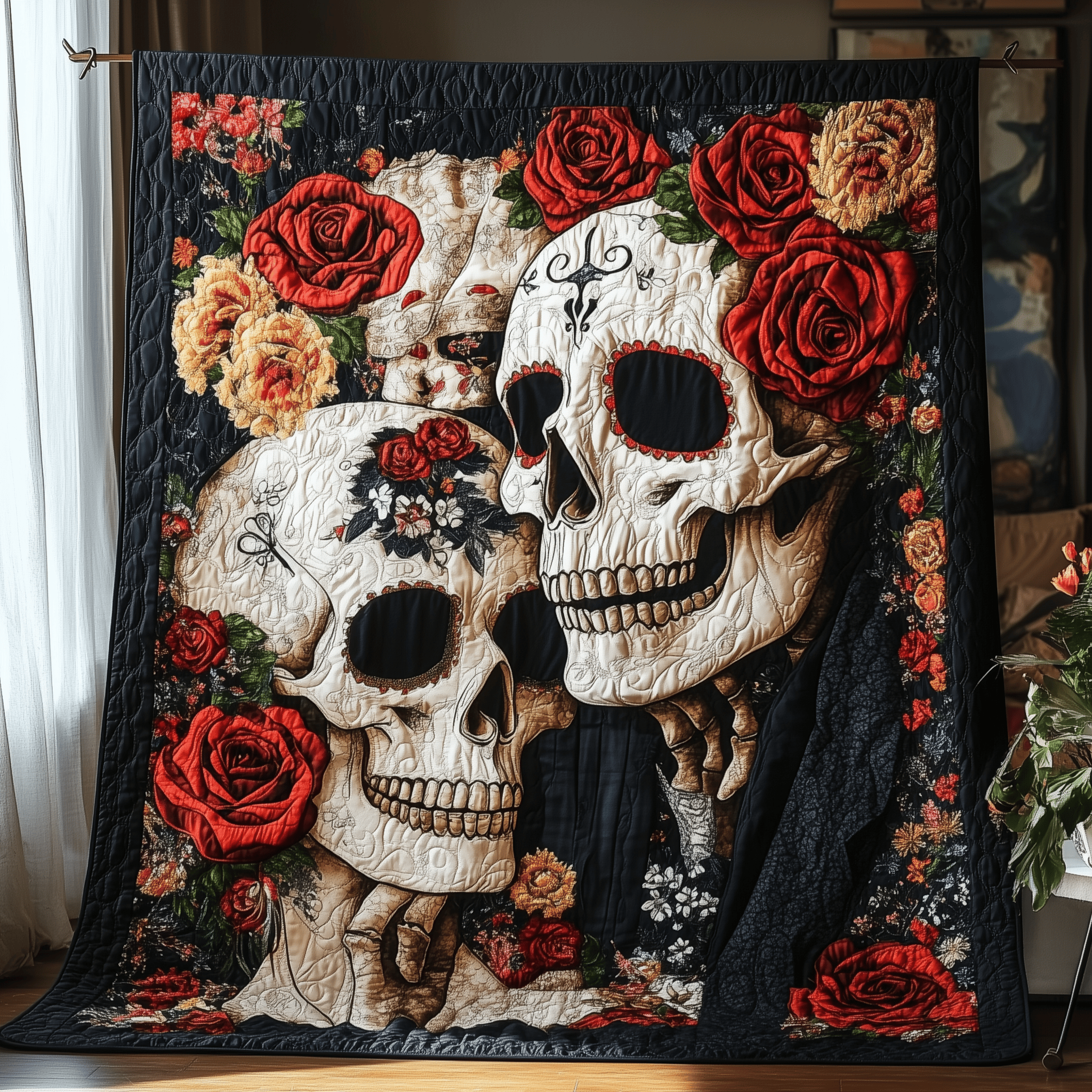 Skull Couple Quilted Blanket Feel the Luxury of a Blanket That Stands Out Skull Couple Quilted Blanket Feel the Luxury of a Blanket That Stands Out