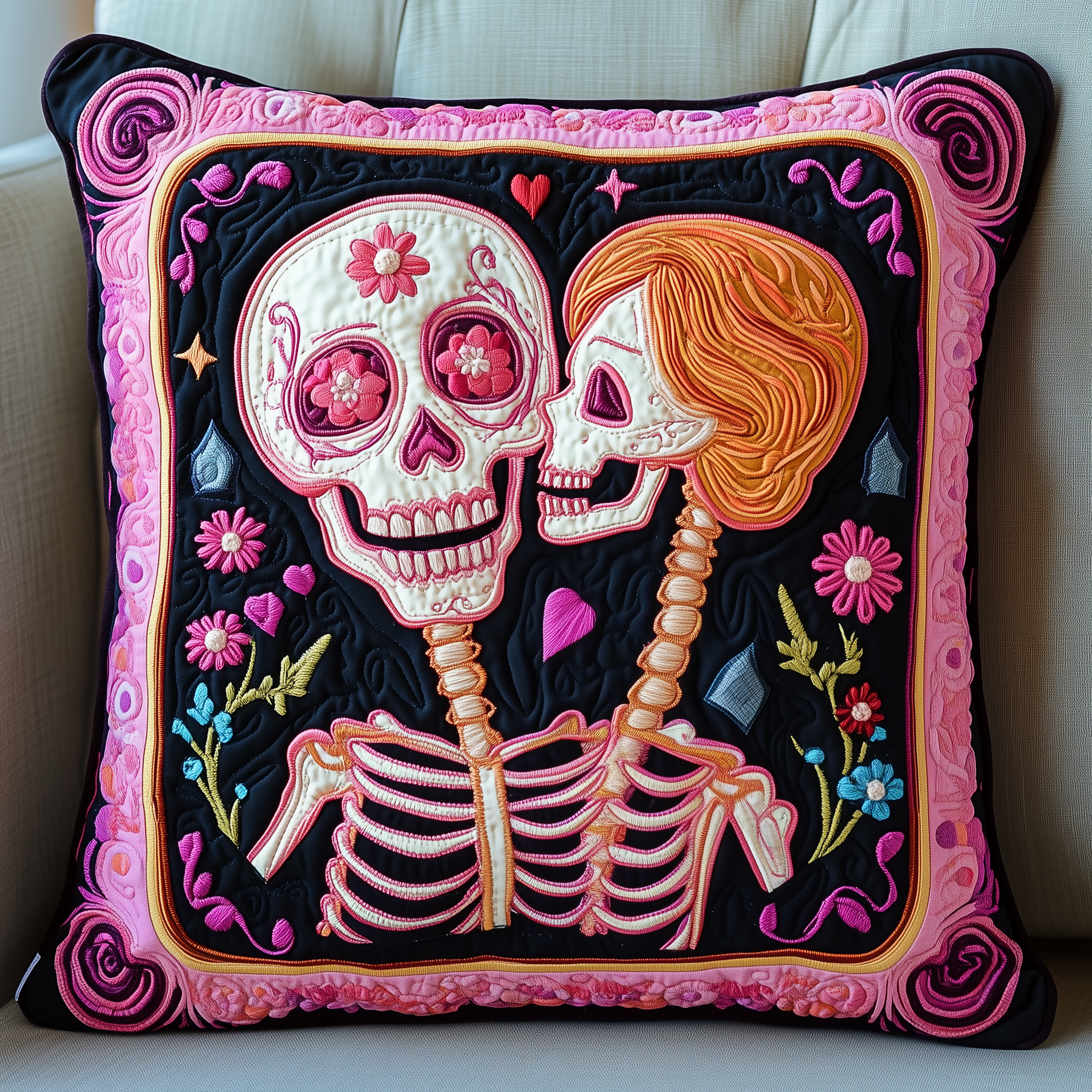 Skull Couple Quilted Pillow Case Feel Special with Pillow Cases Made Just for You Skull Couple Quilted Pillow Case Feel Special with Pillow Cases Made Just for You