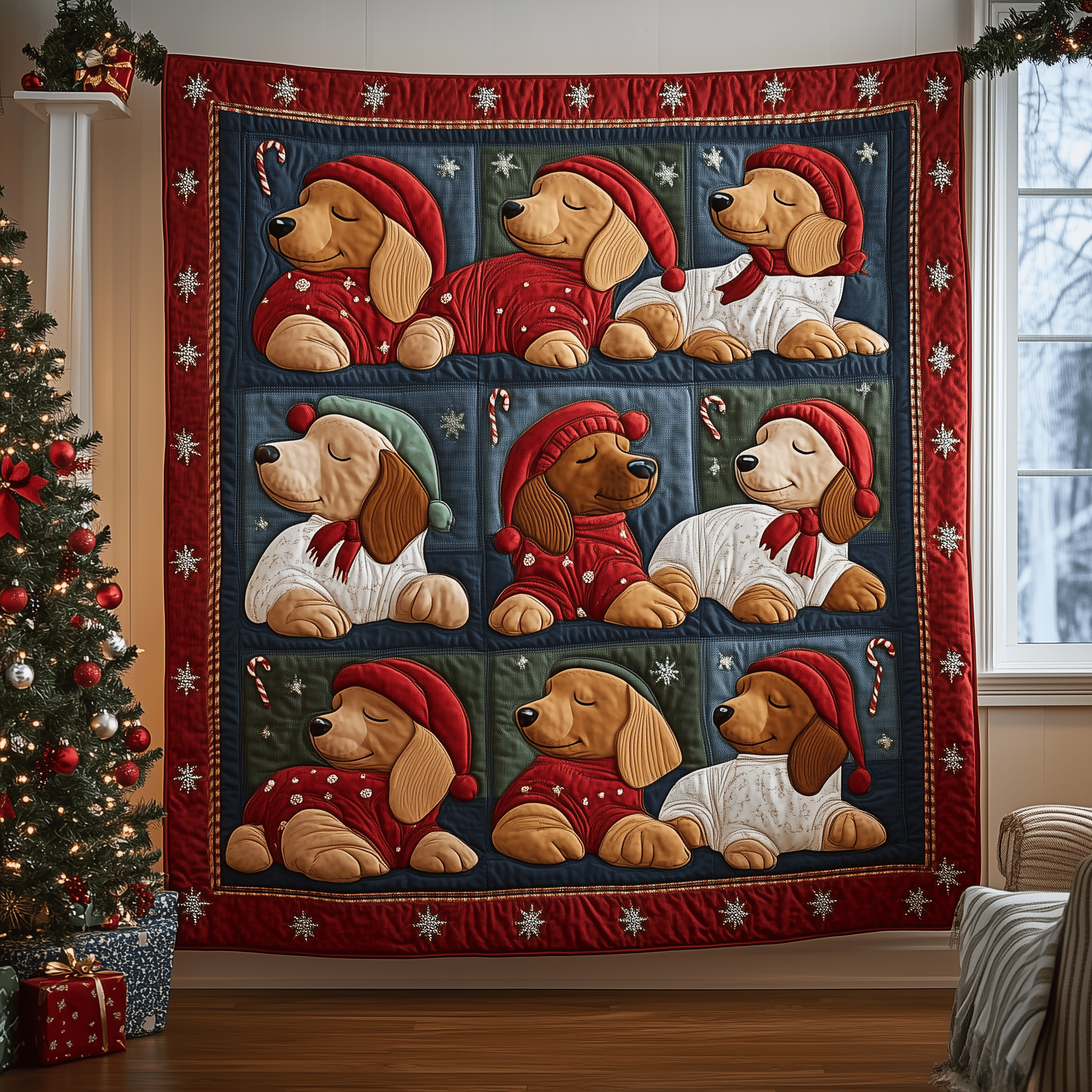 Sleeping Dachshund Christmas Quilted Blanket Feel Closer to Your Loved Ones with a Shared Blanket Sleeping Dachshund Christmas Quilted Blanket Feel Closer to Your Loved Ones with a Shared Blanket