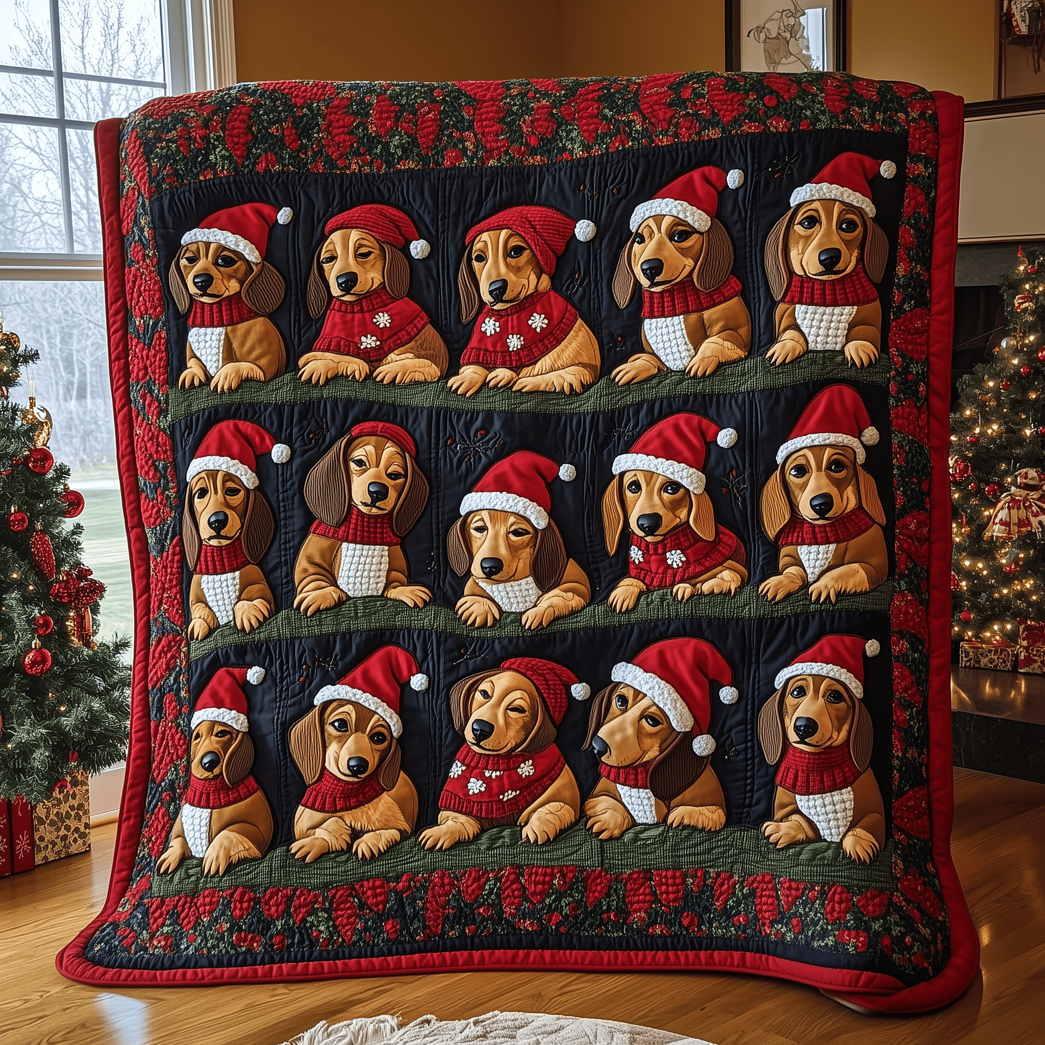 Sleeping Dachshund Christmas Quilted Blanket Feel the Bond of Home with Our Family-Friendly Blanket Sleeping Dachshund Christmas Quilted Blanket Feel the Bond of Home with Our Family-Friendly Blanket