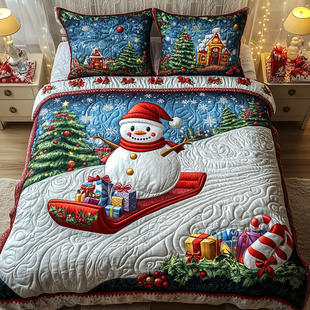 Snowman Sleigh Bliss Quilted Bedding Set Family Xmas Present Ideas Snowman Sleigh Bliss Quilted Bedding Set Family Xmas Present Ideas