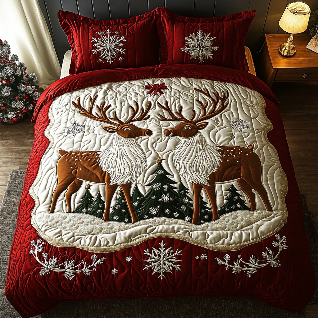 Snowy Antlers Quilted Bedding Set Christmas Gift Idea Snowy Antlers Quilted Bedding Set Christmas Gift Idea