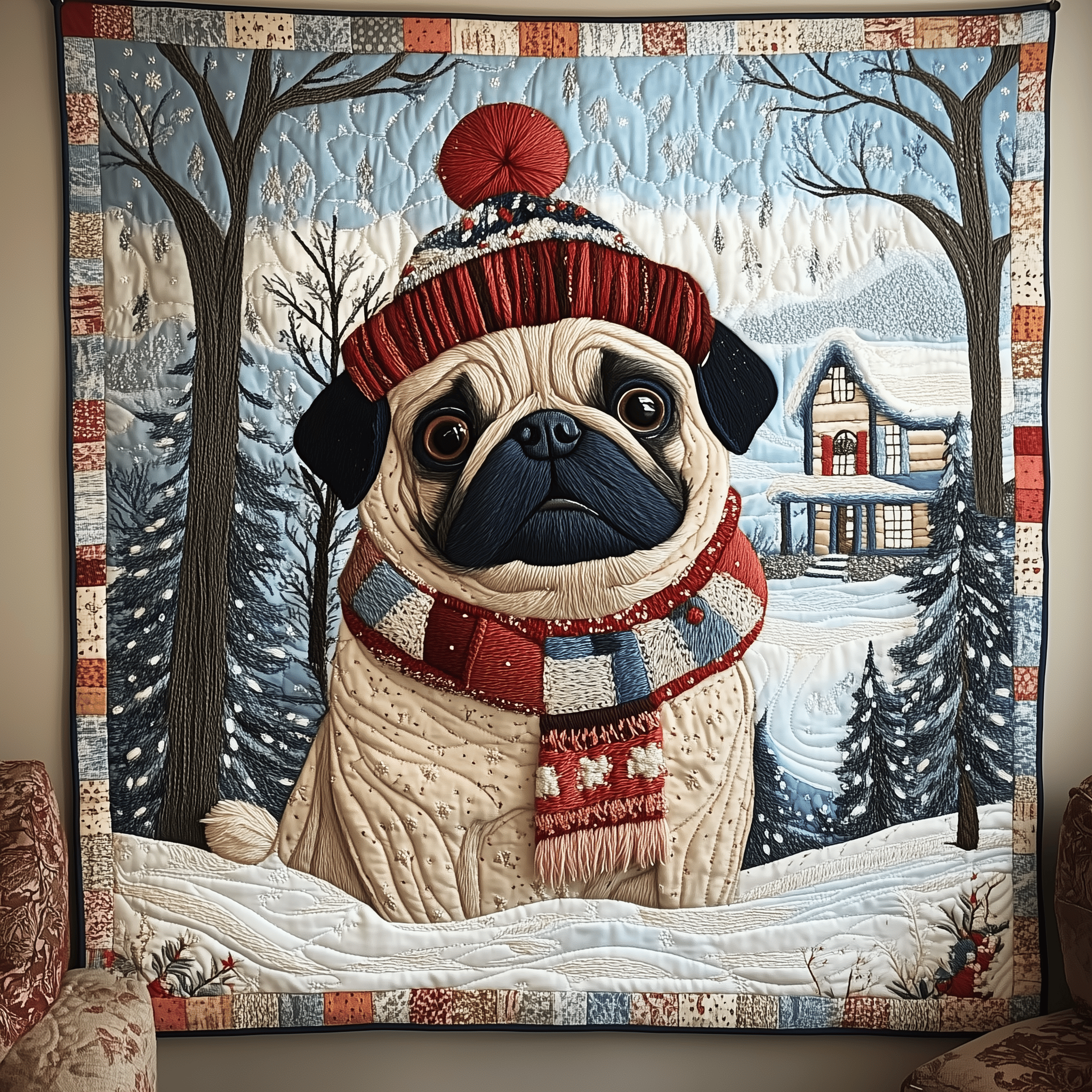 Snowy Happy Pug Quilted Blanket Feel the Heart of Home with a Blanket That Embraces All Snowy Happy Pug Quilted Blanket Feel the Heart of Home with a Blanket That Embraces All