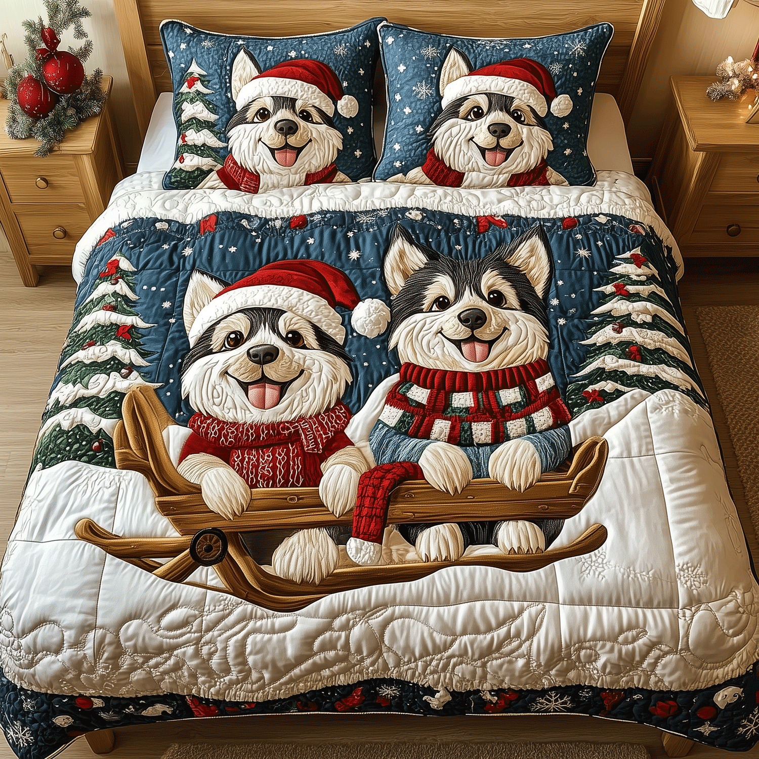 Snowy Husky Christmas Quilted Bedding Set Husky Themed Gifts Snowy Husky Christmas Quilted Bedding Set Husky Themed Gifts