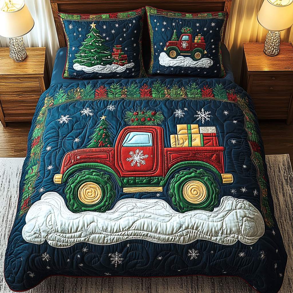 Snowy Truck Escape Quilted Bedding Set Father Daughter Presents Snowy Truck Escape Quilted Bedding Set Father Daughter Presents