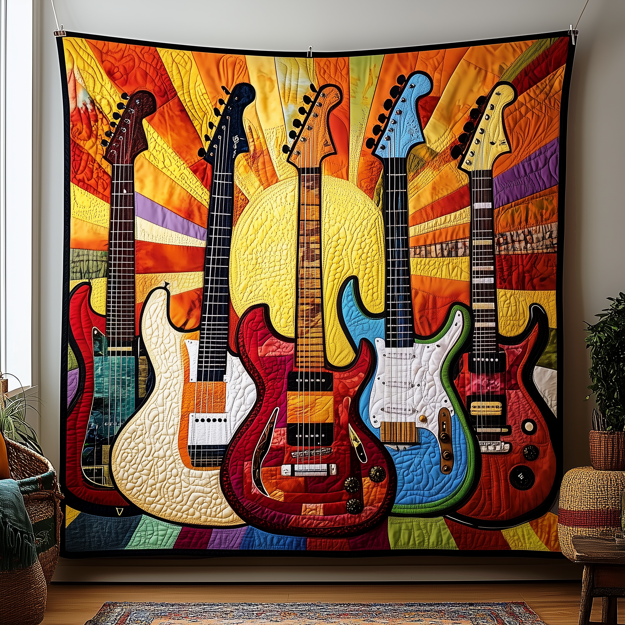Sunshine Electric Guitar Quilted Blanket Unique Throw Blanket Item Merch Xmas Gifts For Guitar Players Sunshine Electric Guitar Quilted Blanket Unique Throw Blanket Item Merch Xmas Gifts For Guitar Players