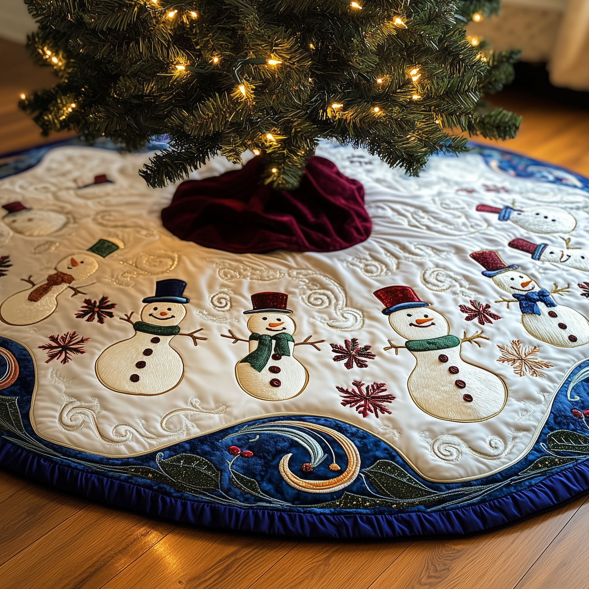 Swirls Snowmen Quilted Tree Skirt Celebrate Togetherness with Thoughtful Holiday Decor Swirls Snowmen Quilted Tree Skirt Celebrate Togetherness with Thoughtful Holiday Decor