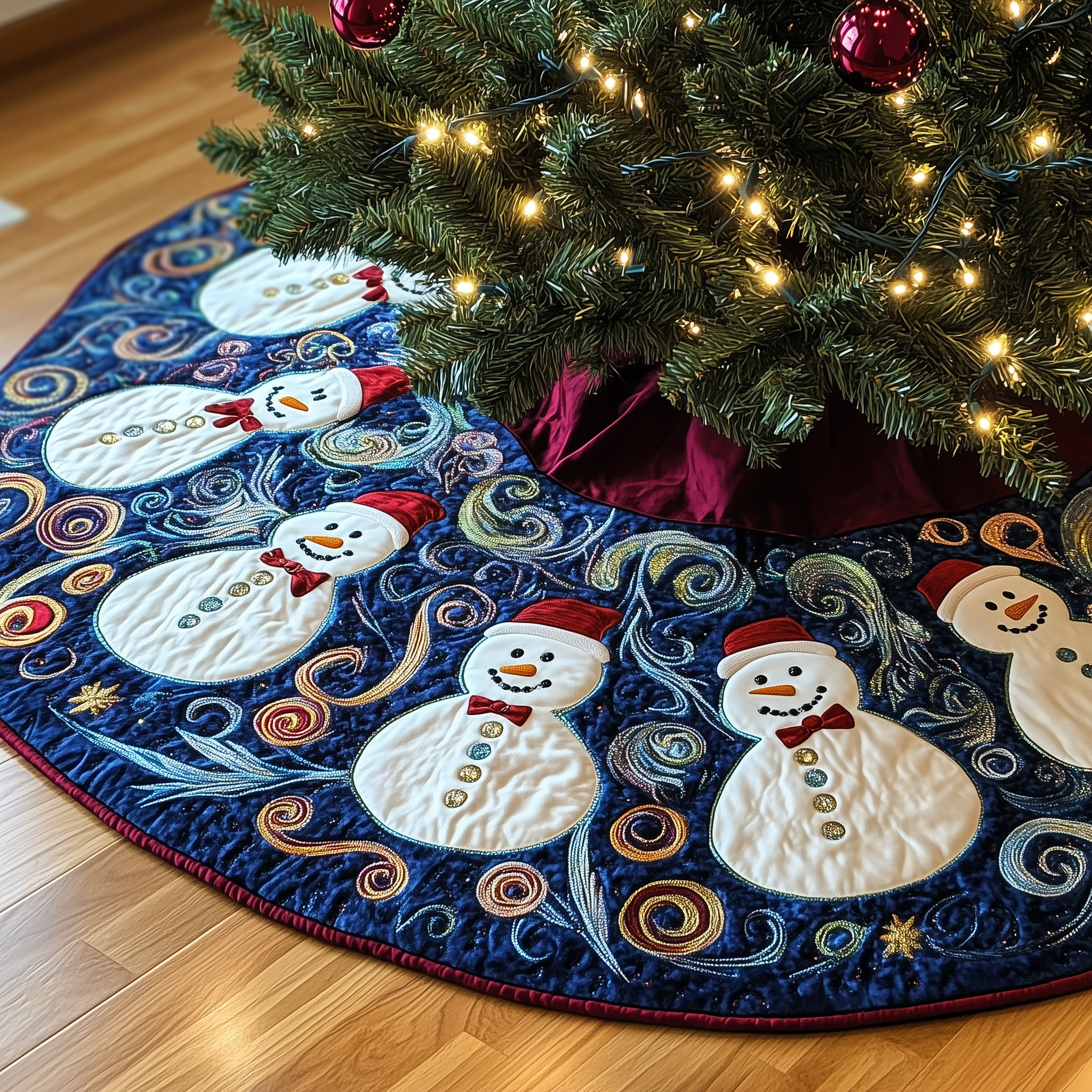 Swirls Snowmen Quilted Tree Skirt Feel the Love of Christmas Under a Safe Tree Skirt Swirls Snowmen Quilted Tree Skirt Feel the Love of Christmas Under a Safe Tree Skirt