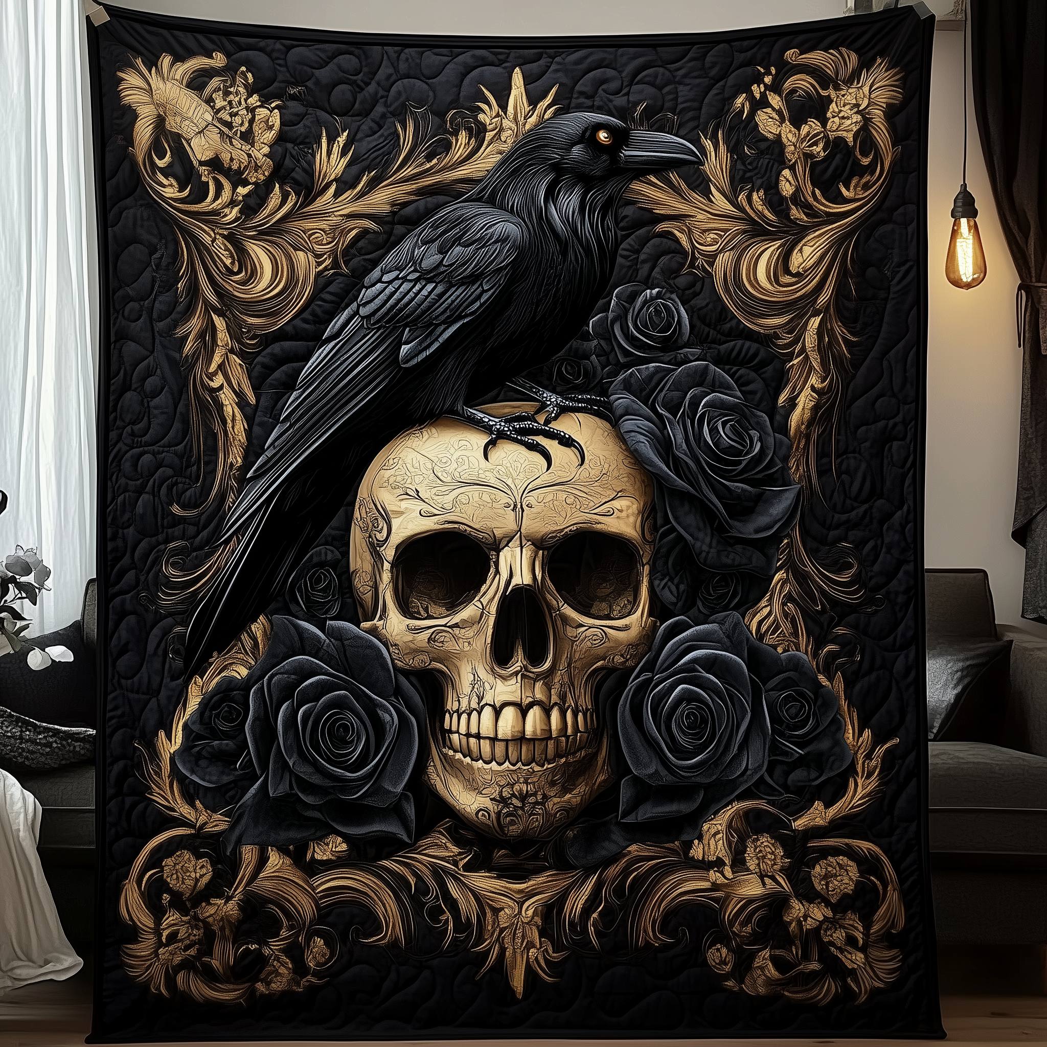 The Raven's Dark Requiem Quilted Blanket Unique Throw Blanket Item Merch Gifts For Raven Lovers The Raven's Dark Requiem Quilted Blanket Unique Throw Blanket Item Merch Gifts For Raven Lovers