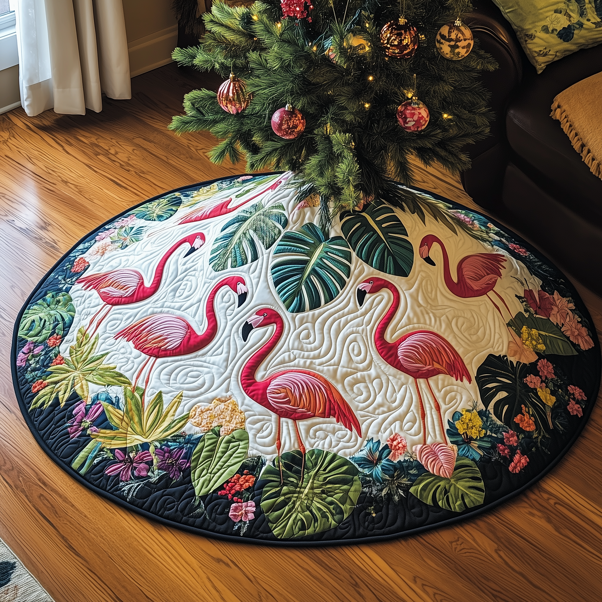 Tropical Flamingo Quilted Tree Skirt Feel the Magic of the Holidays Without Worry Tropical Flamingo Quilted Tree Skirt Feel the Magic of the Holidays Without Worry