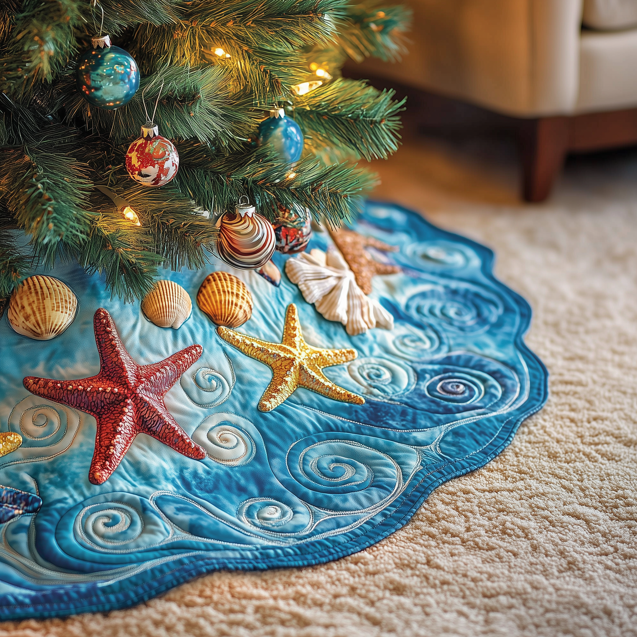 Tropical Seashell Symphony Quilted Tree Skirt Celebrate the Holidays Without Stress Choose Safety Tropical Seashell Symphony Quilted Tree Skirt Celebrate the Holidays Without Stress Choose Safety