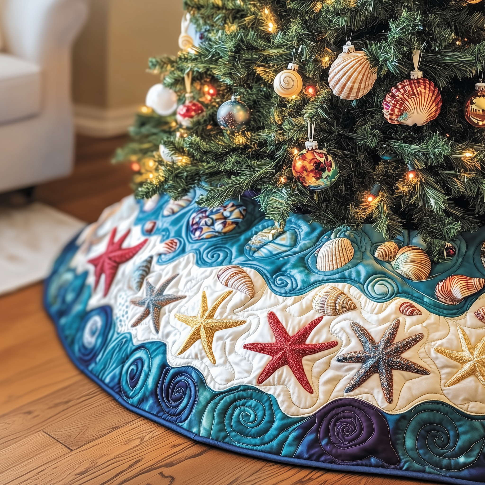 Tropical Seashell Symphony Quilted Tree Skirt Feel the Calm of Christmas with Durable Tree Decor Tropical Seashell Symphony Quilted Tree Skirt Feel the Calm of Christmas with Durable Tree Decor