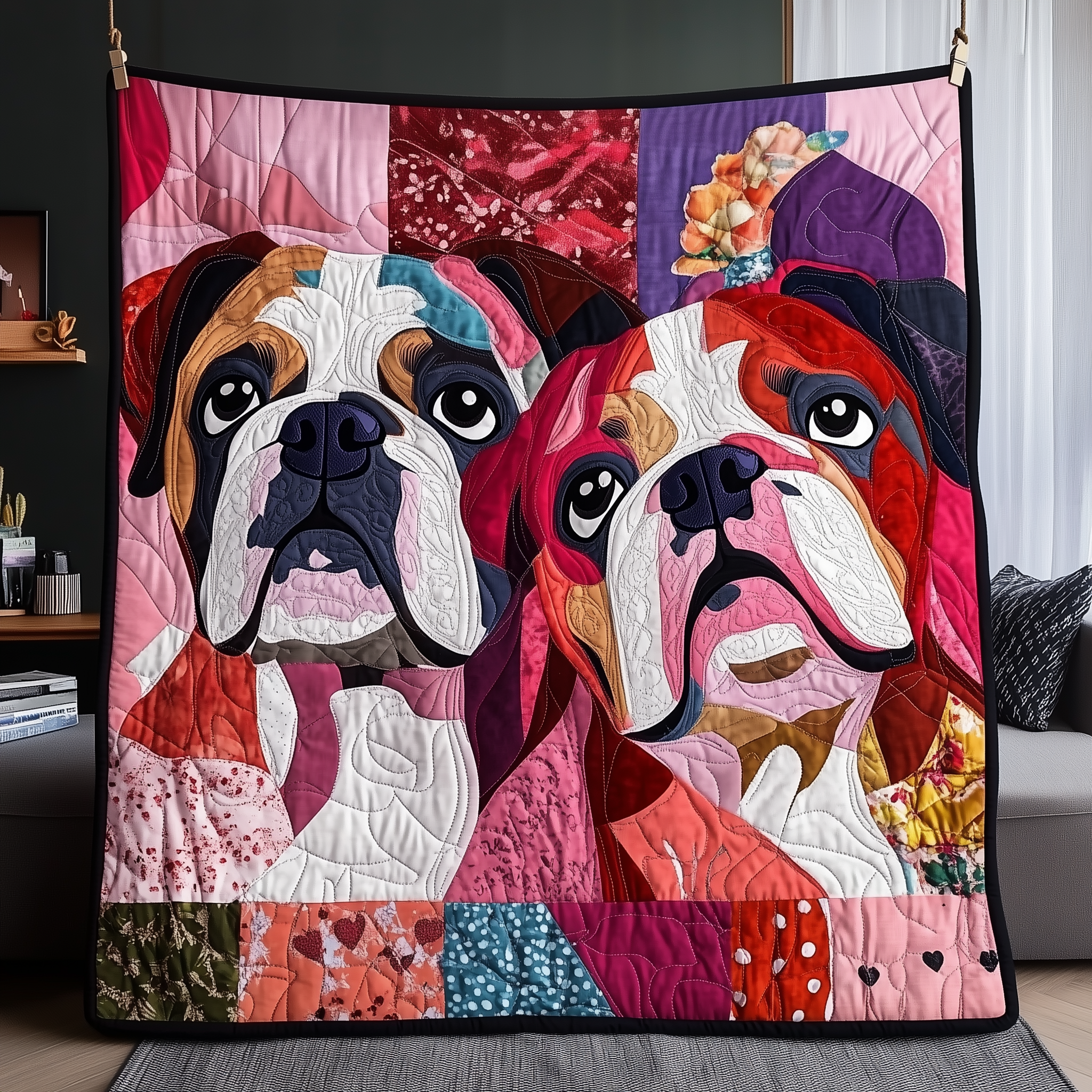 Valentine Bulldog Couple Quilted Blanket Best Throw Blanket Valentine'S Day Gifts For Her Valentine Bulldog Couple Quilted Blanket Best Throw Blanket Valentine'S Day Gifts For Her