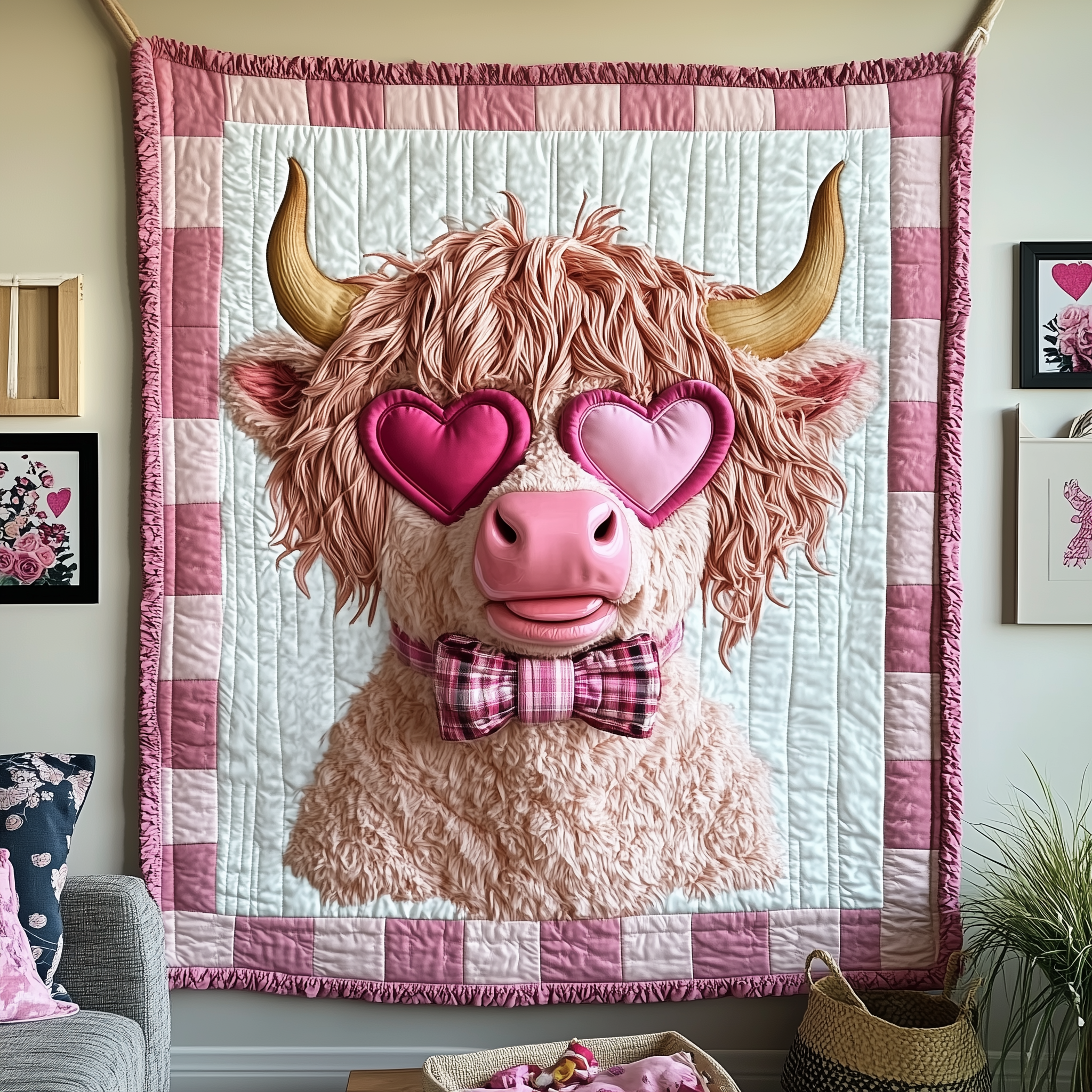 Valentine Highland Cow Quilted Blanket Cute Unique Blanket Item Merch Unique Valentine'S Day Gifts For Her Valentine Highland Cow Quilted Blanket Cute Unique Blanket Item Merch Unique Valentine'S Day Gifts For Her