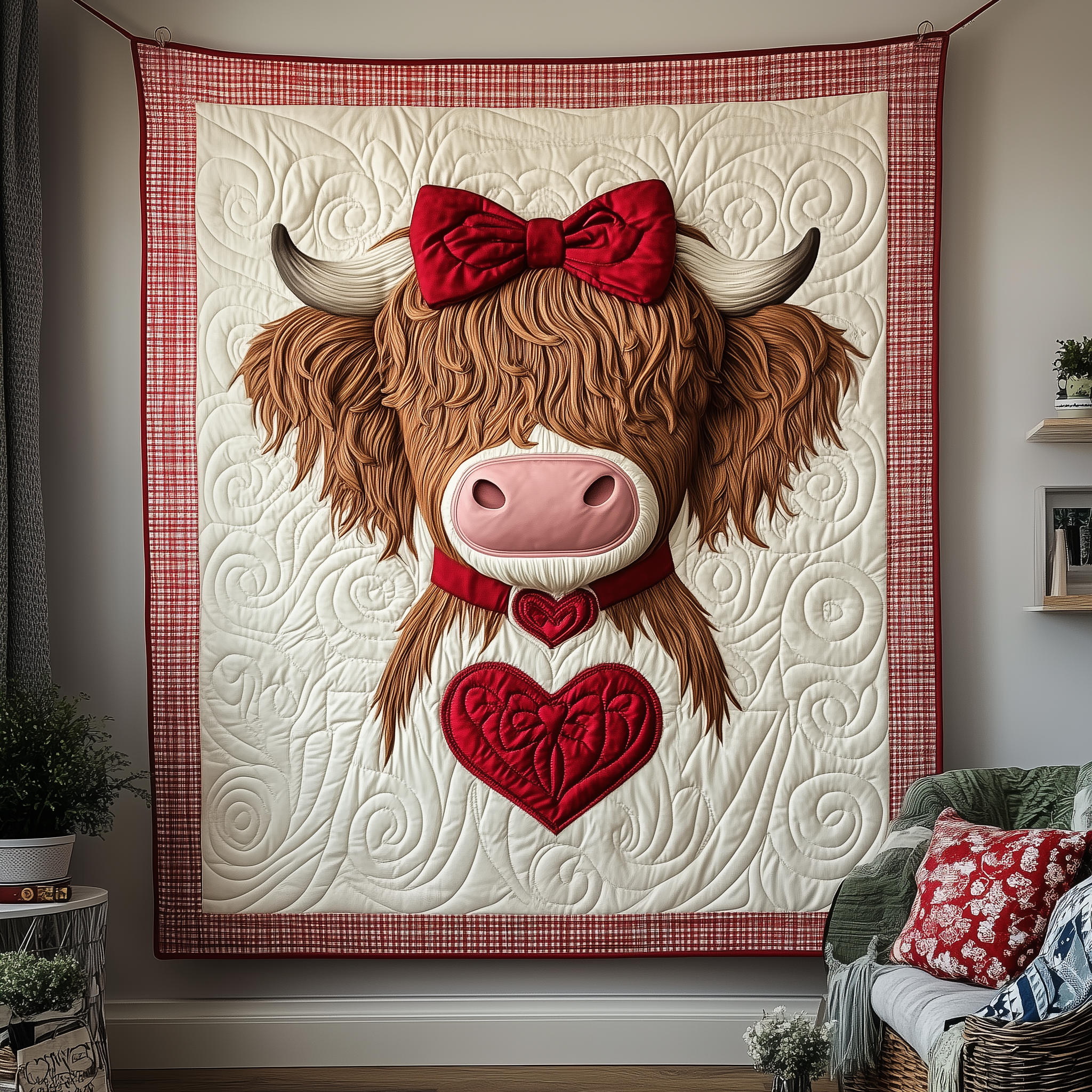 Valentine Highland Cow Quilted Blanket Cute Unique Blanket Item Merch Valentine'S Day Ideas For Her Valentine Highland Cow Quilted Blanket Cute Unique Blanket Item Merch Valentine'S Day Ideas For Her