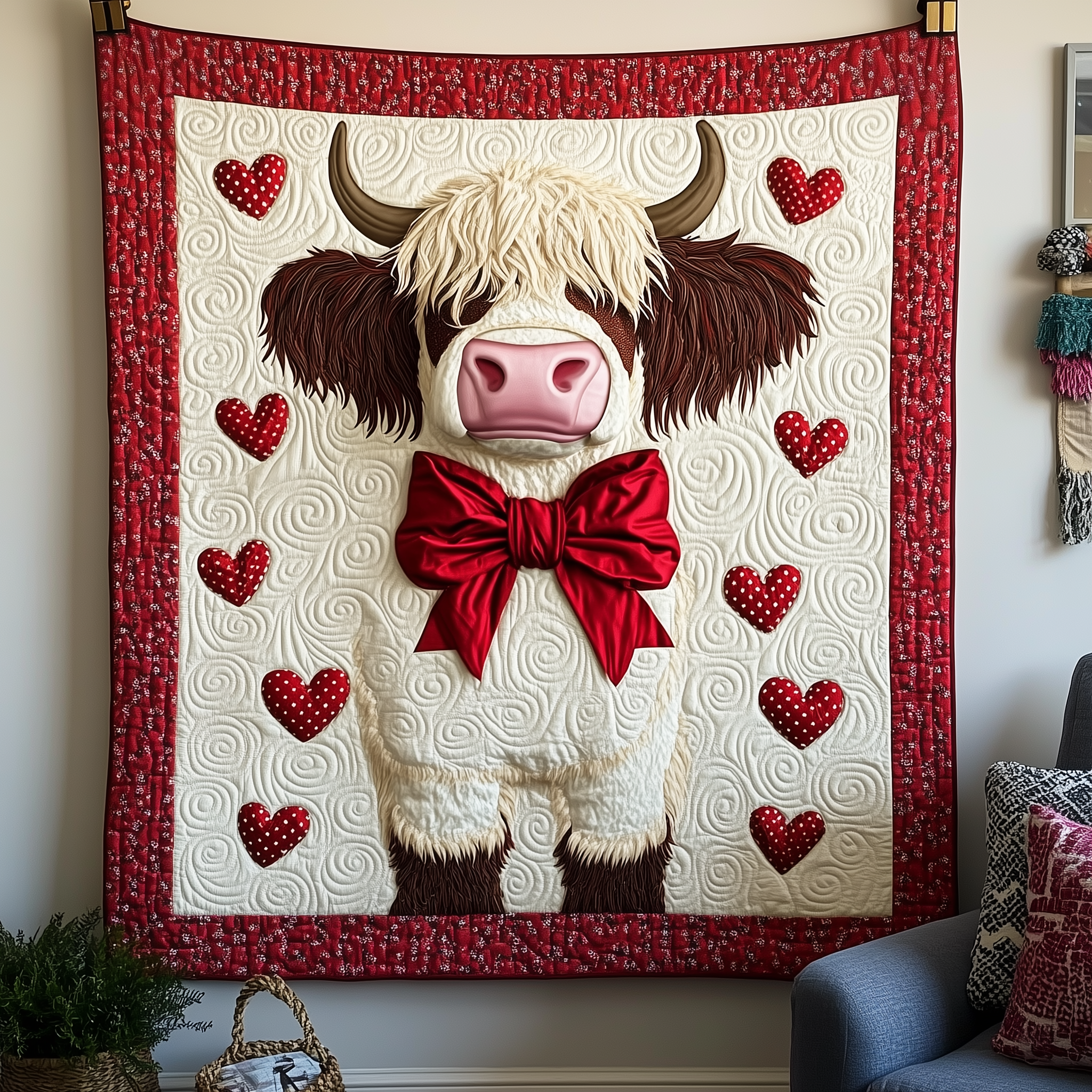 Valentine Highland Cow Quilted Blanket Cute Unique Blanket Item Merch Valentine'S Day Ideas For Him Valentine Highland Cow Quilted Blanket Cute Unique Blanket Item Merch Valentine'S Day Ideas For Him