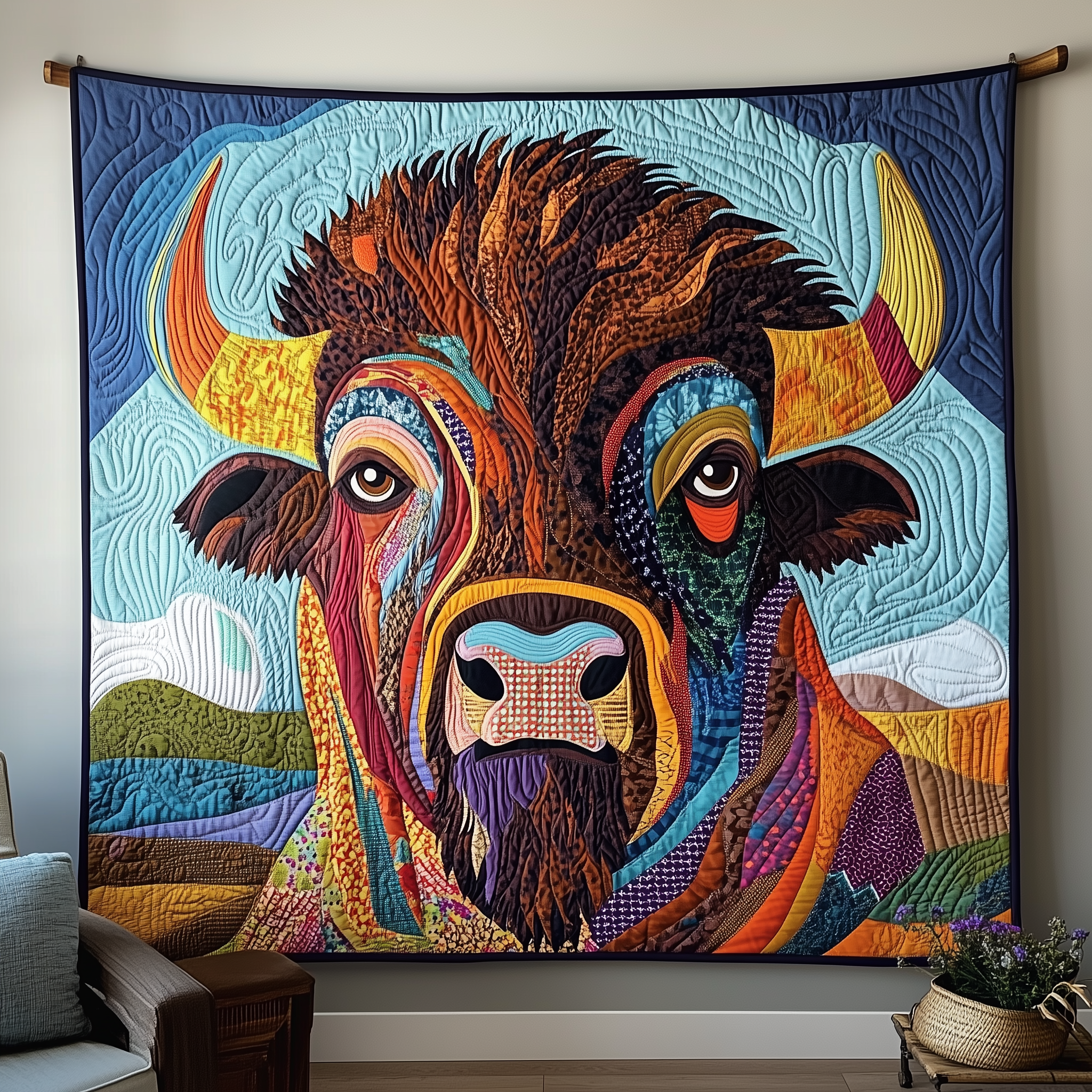 Vibrant Bison Embrace Quilted Blanket Throw Blankets For Couch Gifts For Bison Lovers For Men Vibrant Bison Embrace Quilted Blanket Throw Blankets For Couch Gifts For Bison Lovers For Men
