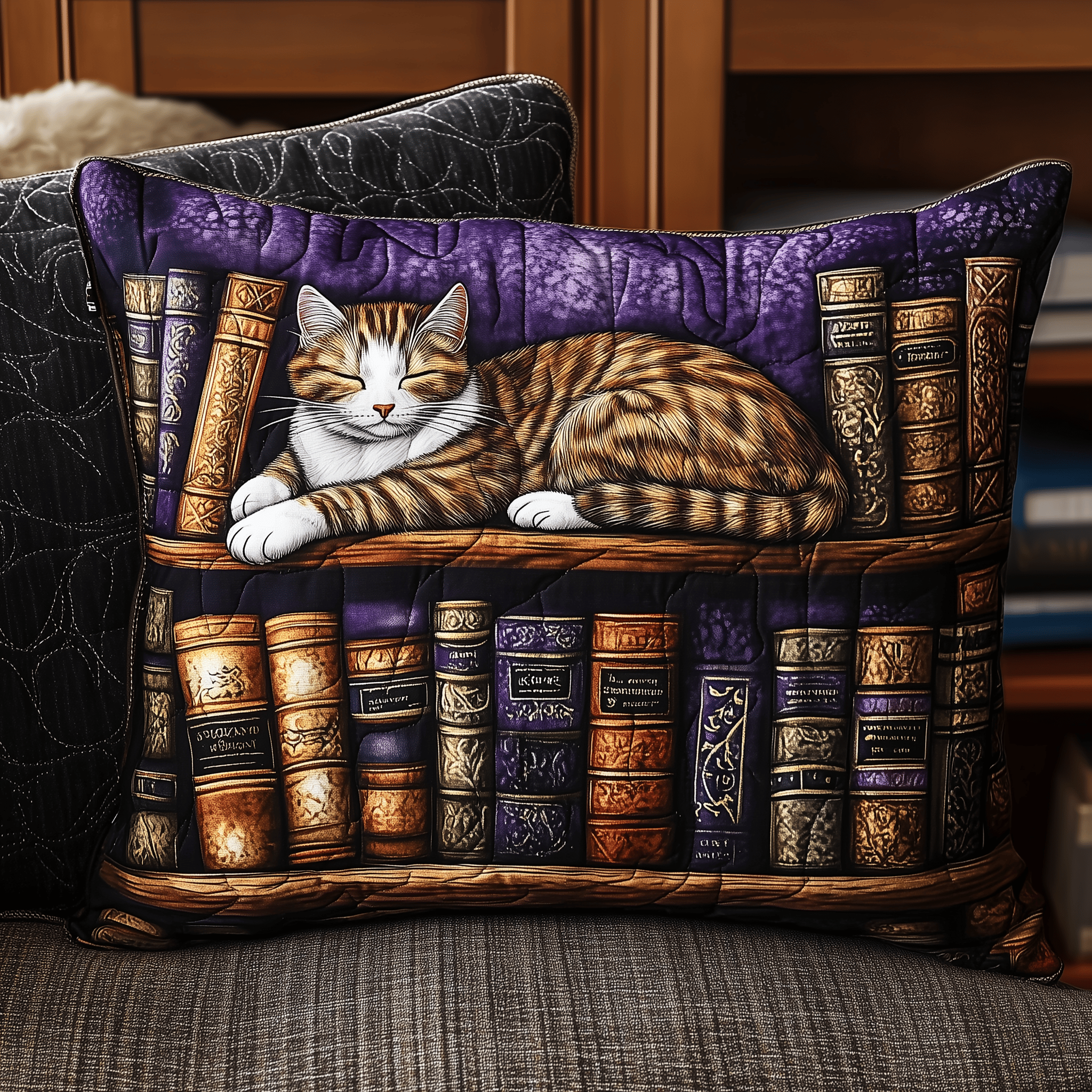 Vintage Bookshelf Cat Quilted Pillow Case A Pillow Case That Combines Fashion and Functionality Vintage Bookshelf Cat Quilted Pillow Case A Pillow Case That Combines Fashion and Functionality