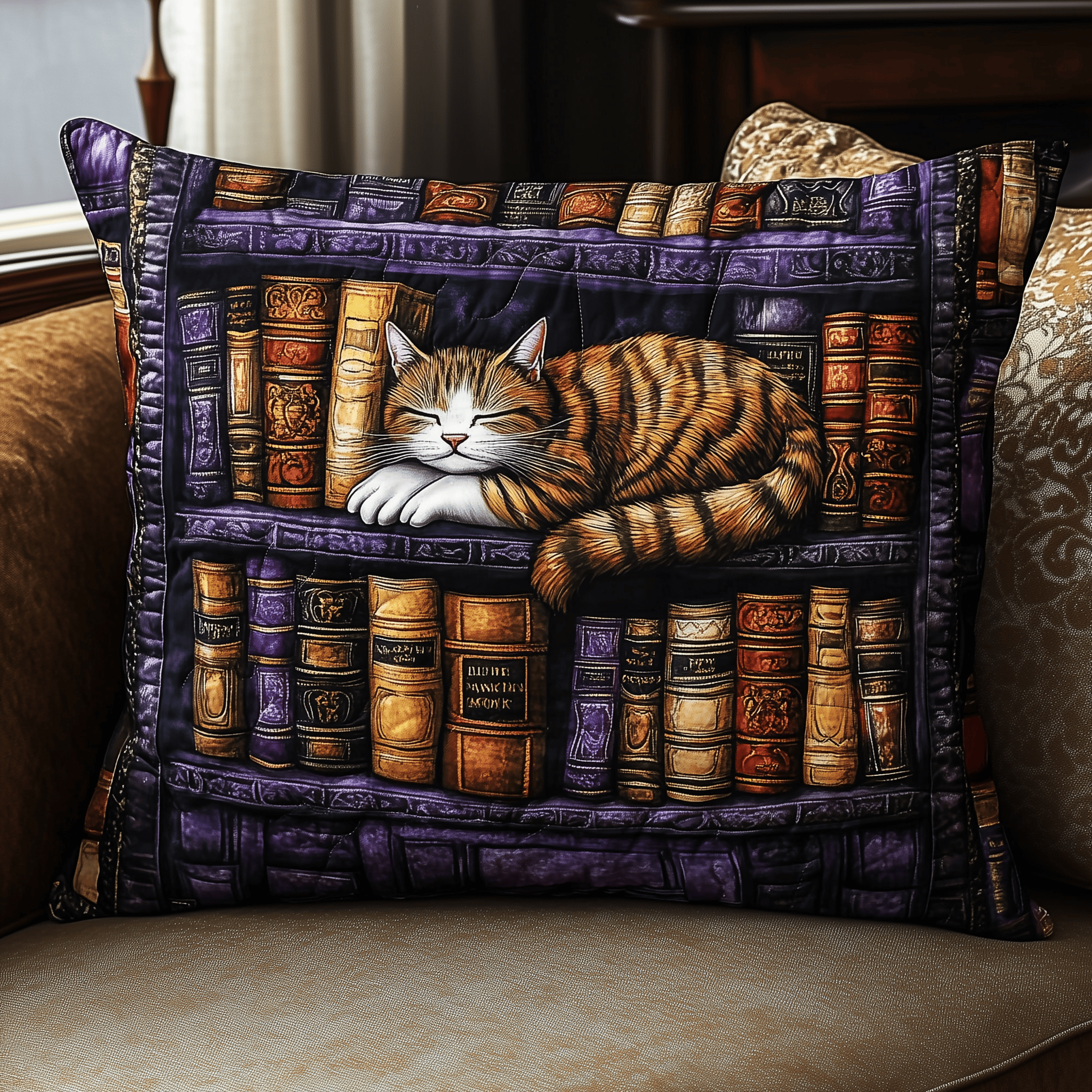 Vintage Bookshelf Cat Quilted Pillow Case Feel the Future of Comfort with Modern Pillow Cases Vintage Bookshelf Cat Quilted Pillow Case Feel the Future of Comfort with Modern Pillow Cases